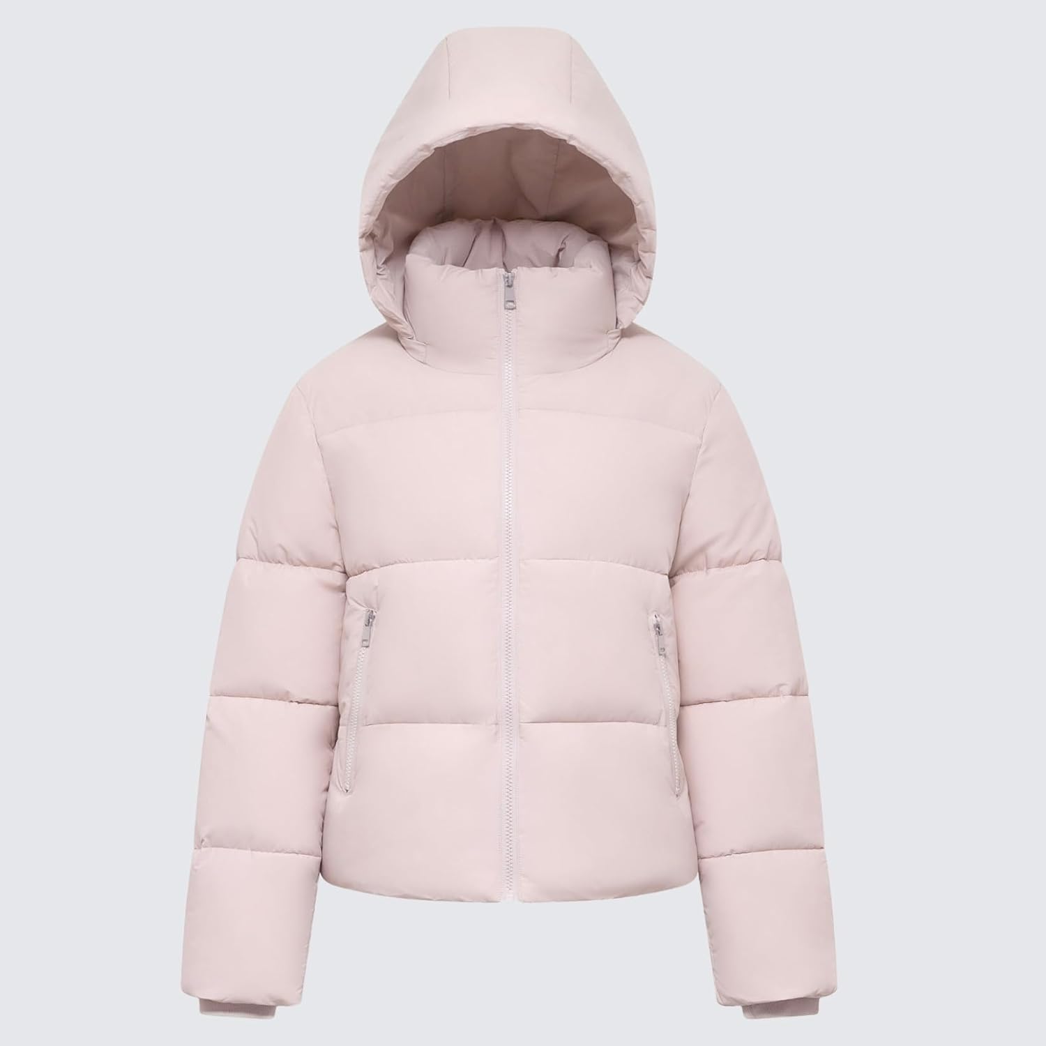Women's Cropped Quilted Puffer Jacket with Removable Hood and Zippered Pockets Short Winter Coat