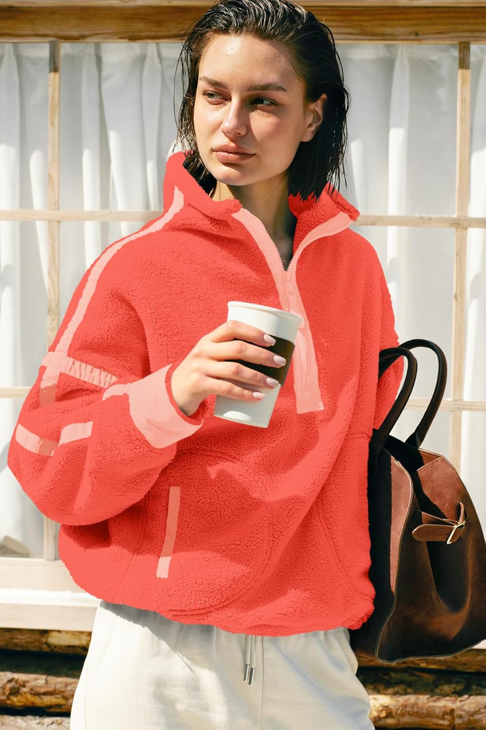 Panadila Women's Oversized Half Zip Sherpa Fleece Pullover Soft Fuzzy Sweatshirt with Pockets