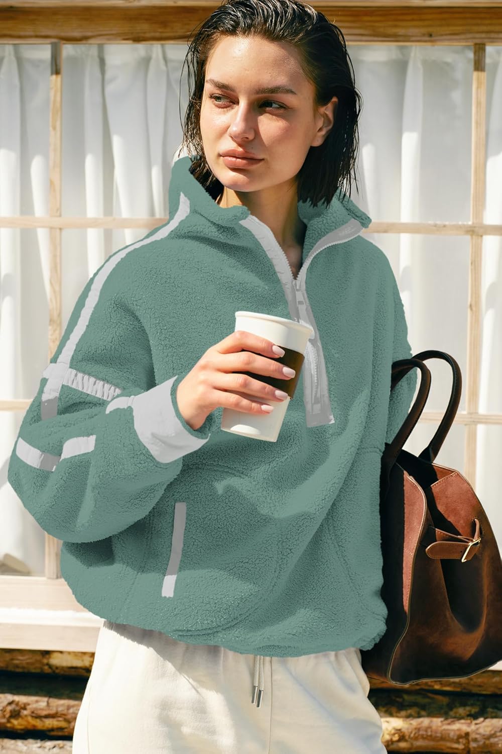 Panadila Women's Oversized Half Zip Sherpa Fleece Pullover Soft Fuzzy Sweatshirt with Pockets