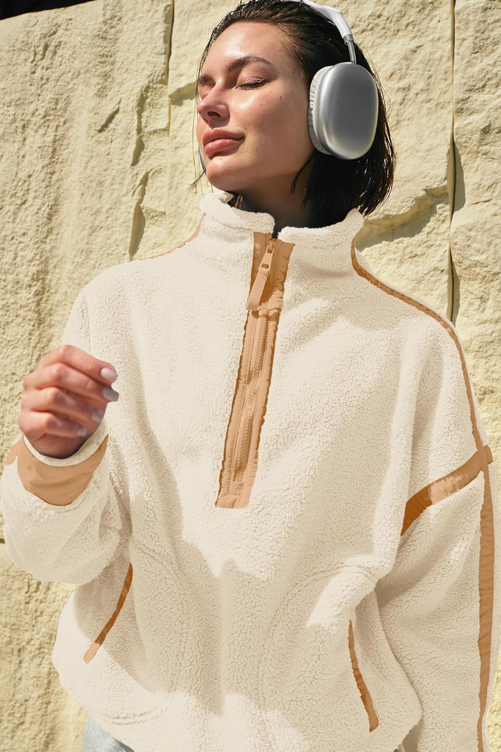 Panadila Women's Oversized Half Zip Sherpa Fleece Pullover Soft Fuzzy Sweatshirt with Pockets