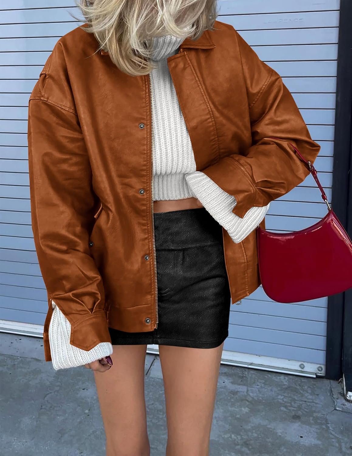 PRETTYGARDEN Women's Oversized Faux Leather Motorcycle Jacket Zip-Up Fall Spring Winter Coat Outerwear