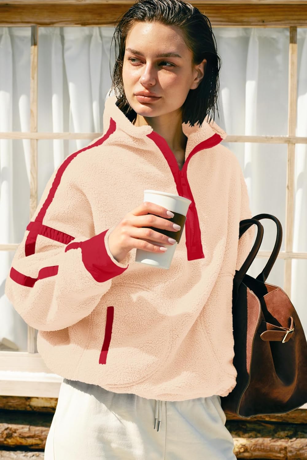 Panadila Women's Oversized Half Zip Sherpa Fleece Pullover Soft Fuzzy Sweatshirt with Pockets