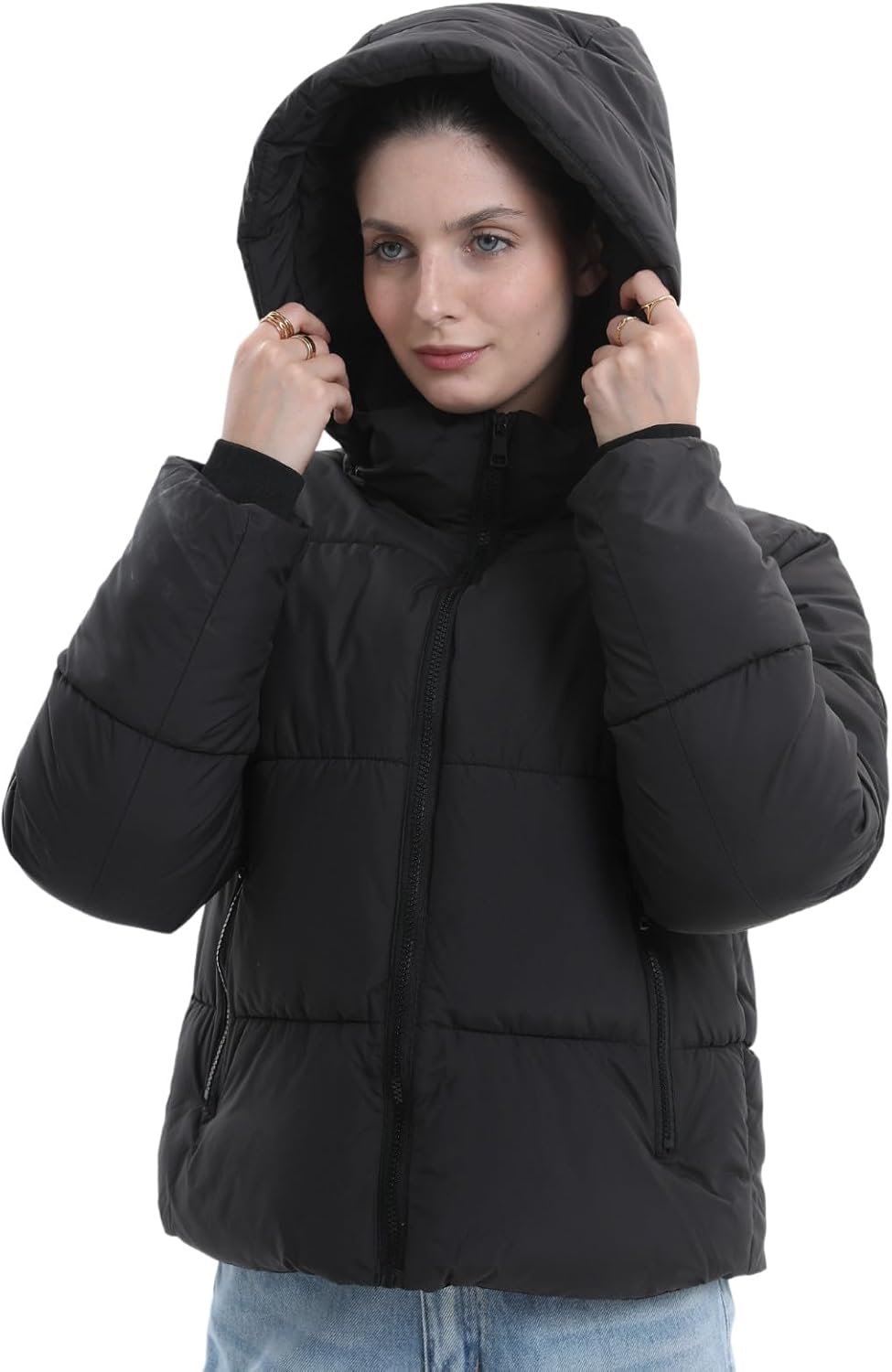 Women's Cropped Quilted Puffer Jacket with Removable Hood and Zippered Pockets Short Winter Coat