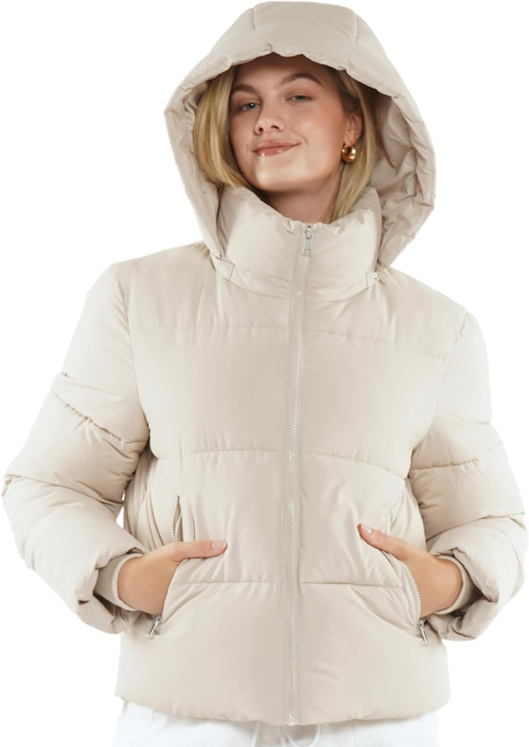 Women's Cropped Quilted Puffer Jacket with Removable Hood and Zippered Pockets Short Winter Coat