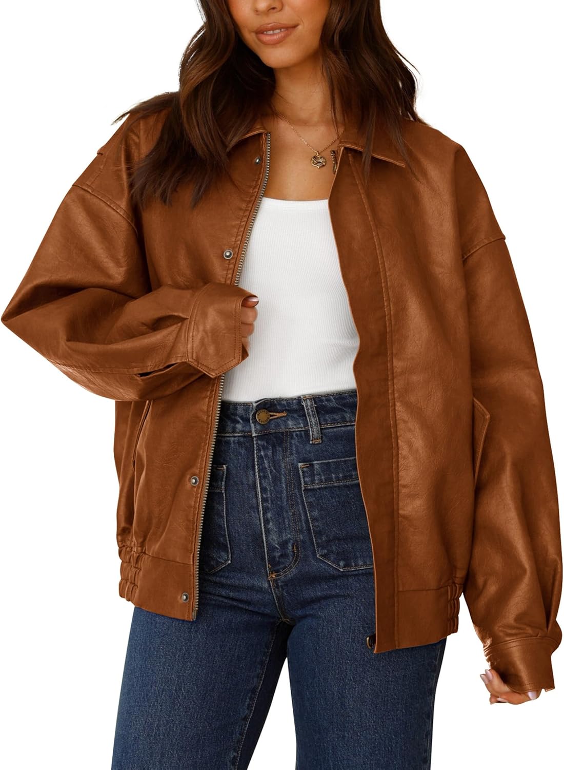 PRETTYGARDEN Women's Oversized Faux Leather Motorcycle Jacket Zip-Up Fall Spring Winter Coat Outerwear