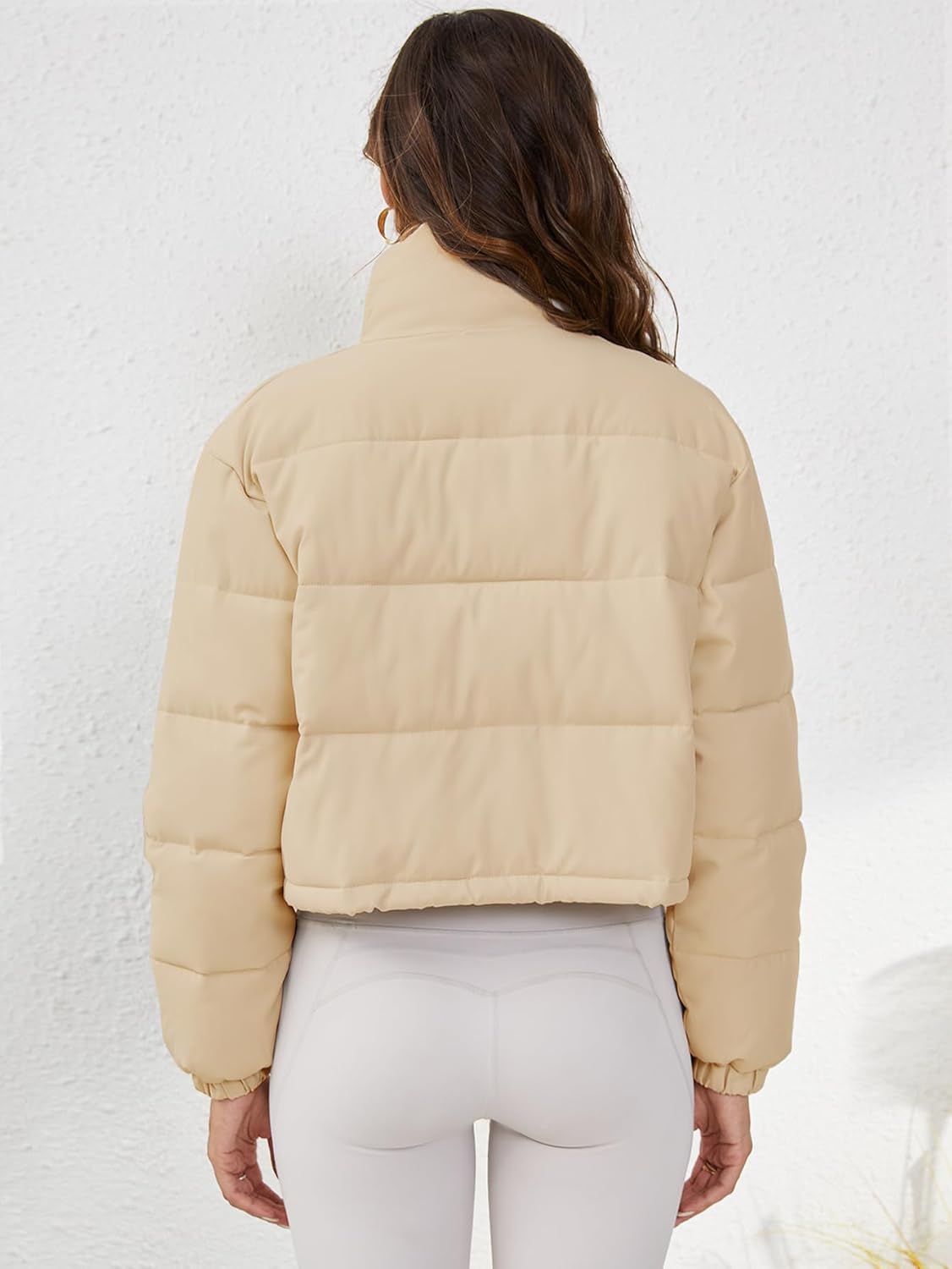 Women's Cropped Quilted Puffer Jacket Long Sleeve Stand Collar Zip-Up Puffy Coat with Drawstring & Pockets