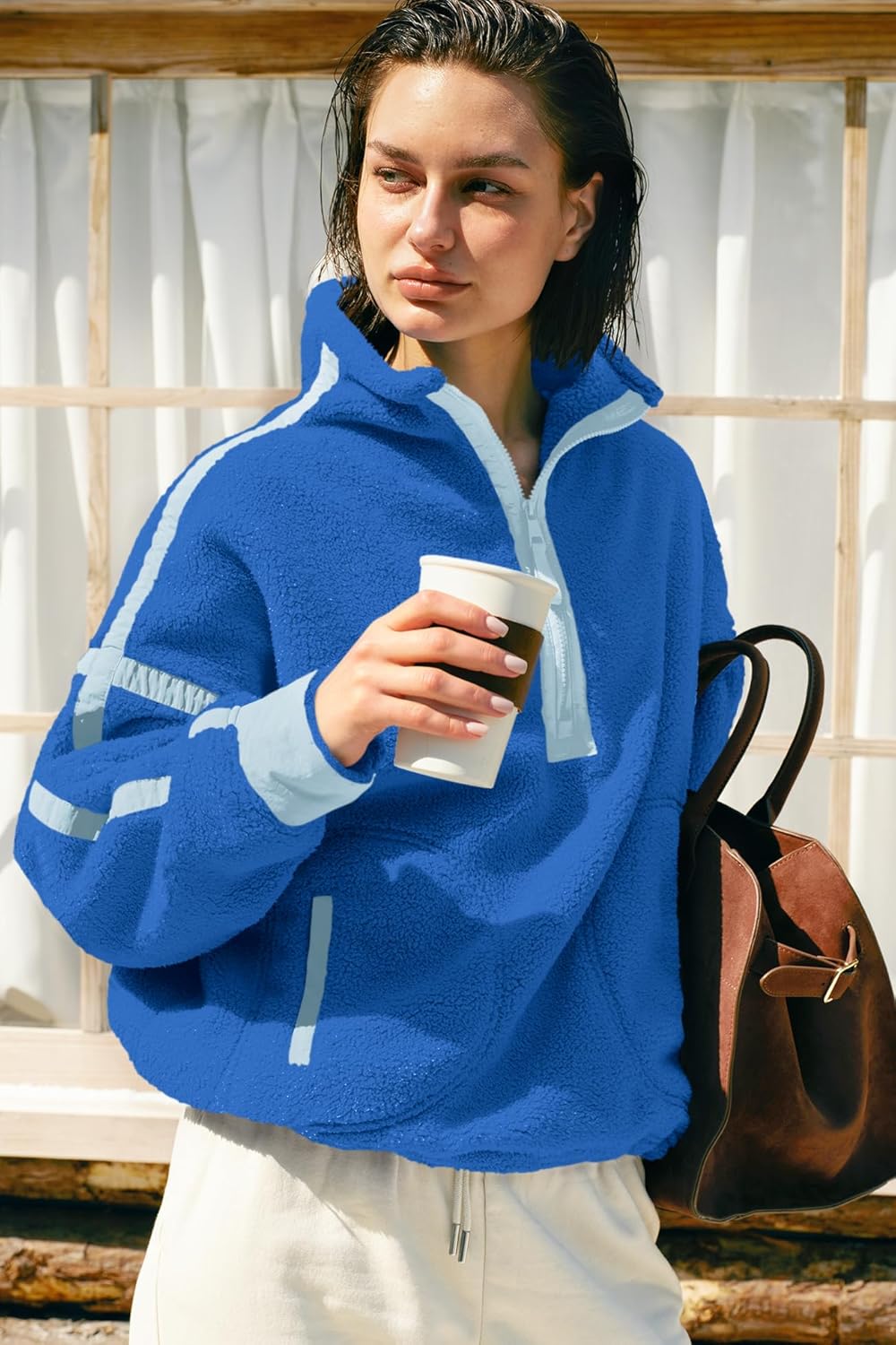 Panadila Women's Oversized Half Zip Sherpa Fleece Pullover Soft Fuzzy Sweatshirt with Pockets