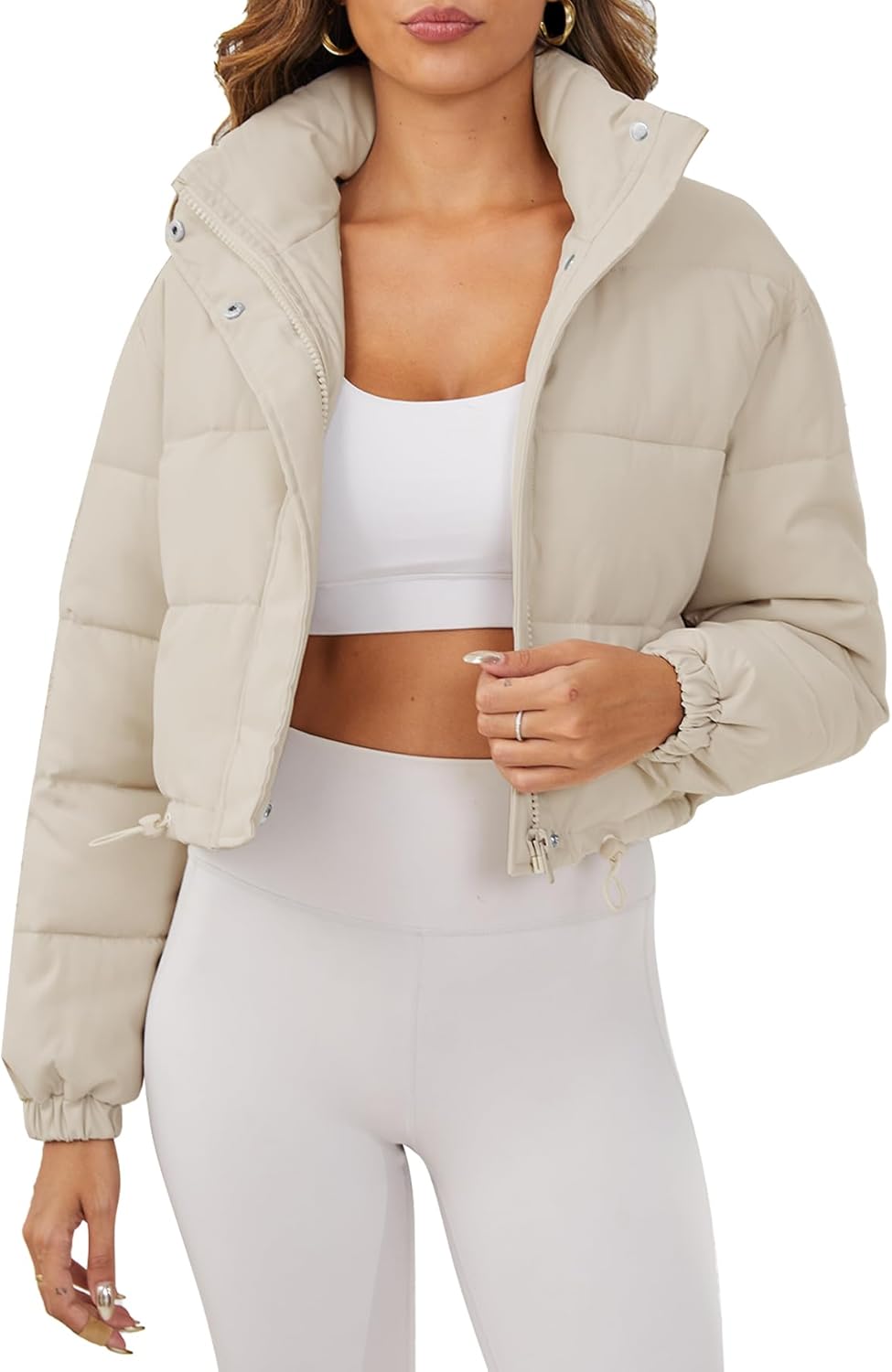Women's Cropped Quilted Puffer Jacket Long Sleeve Stand Collar Zip-Up Puffy Coat with Drawstring & Pockets