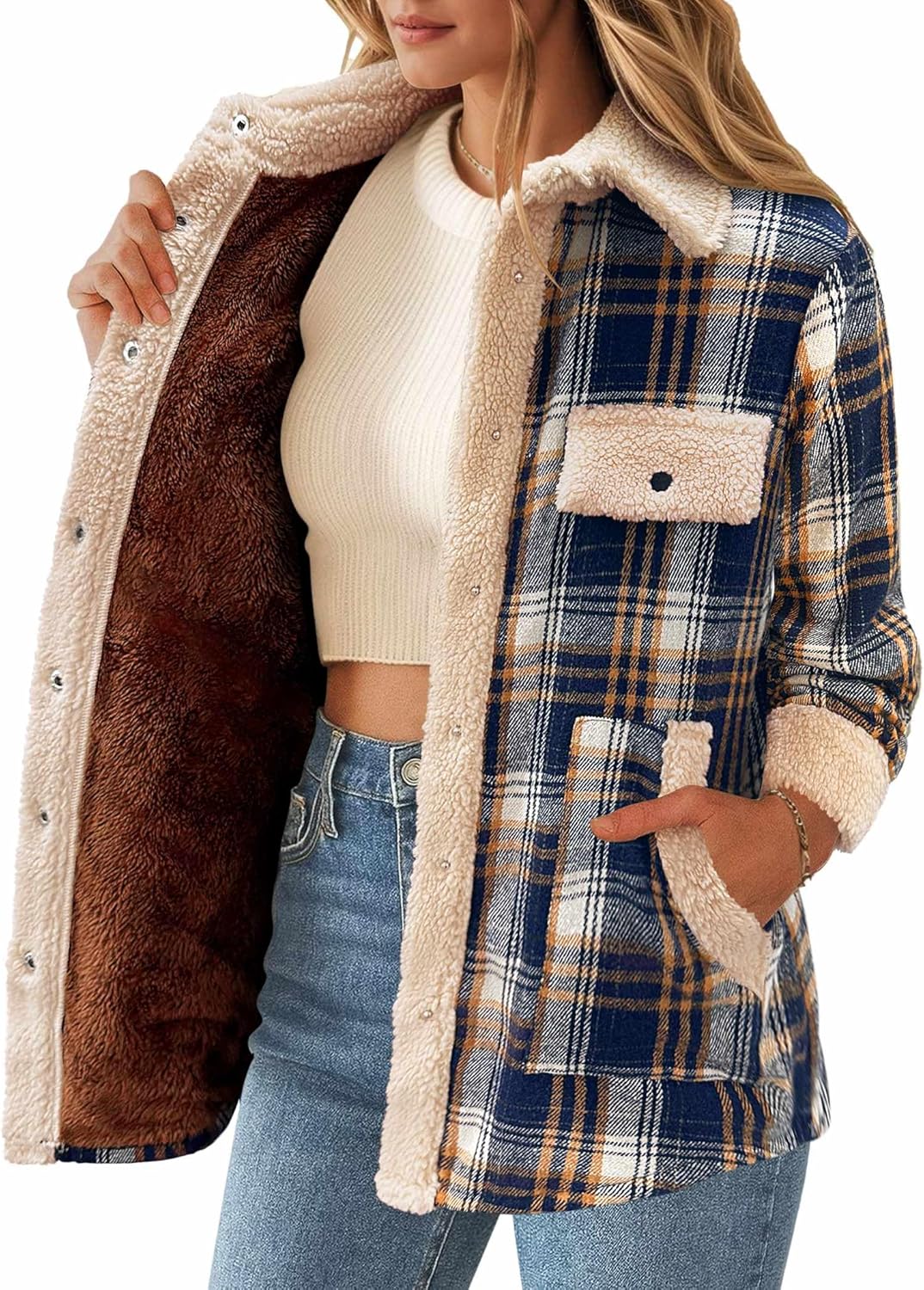 Zeagoo Women's Plaid Flannel Sherpa Lined Shacket Fleece Button Down Cozy Warm Fall Winter Jacket Coat S-XXL