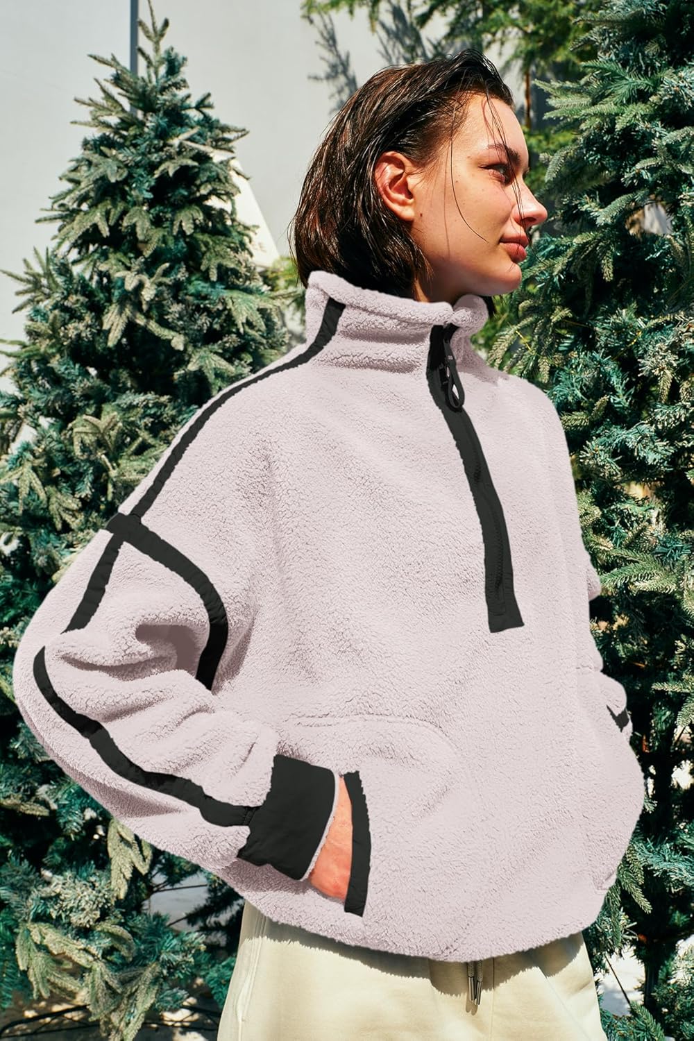 Panadila Women's Oversized Half Zip Sherpa Fleece Pullover Soft Fuzzy Sweatshirt with Pockets