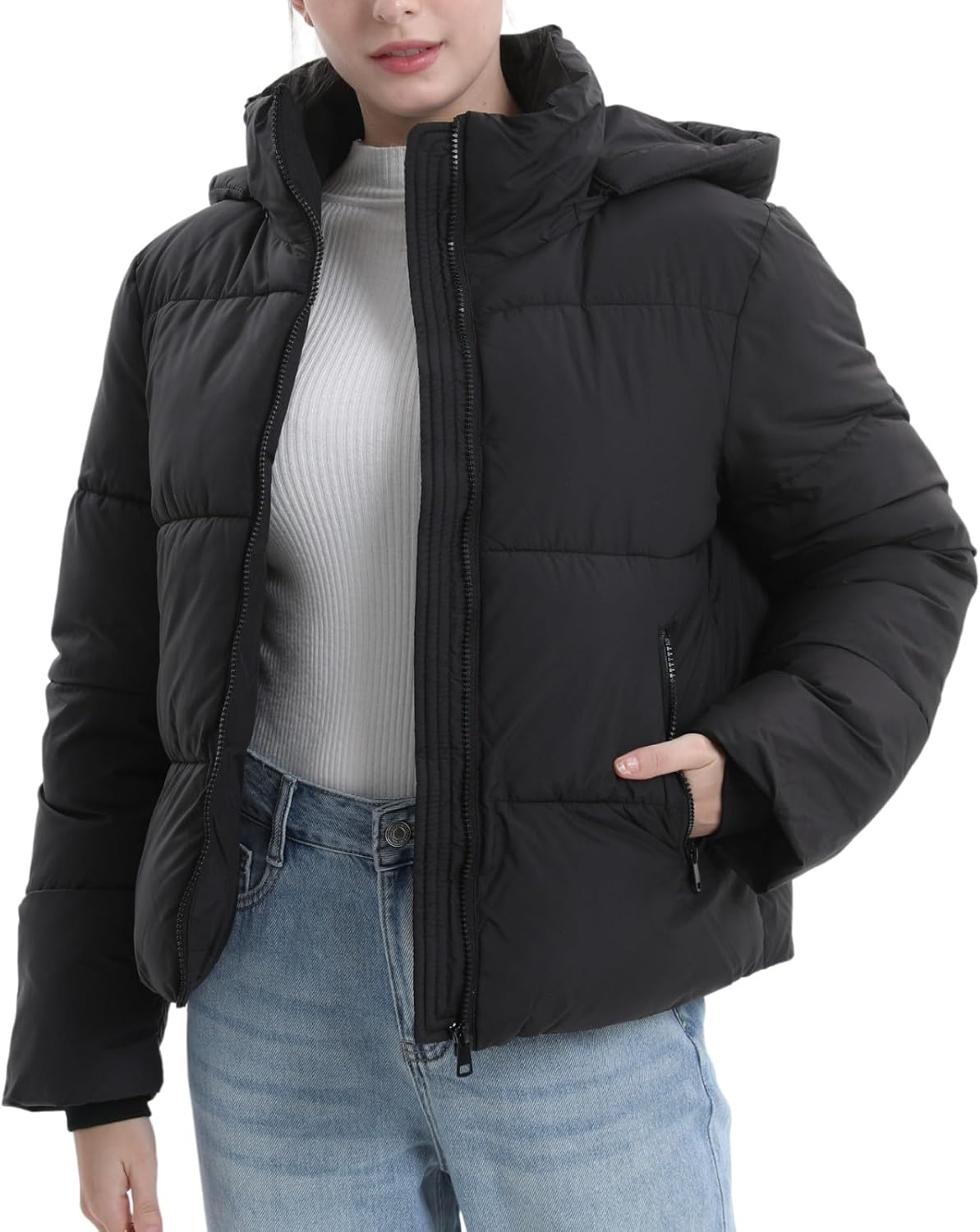 Women's Cropped Quilted Puffer Jacket with Removable Hood and Zippered Pockets Short Winter Coat