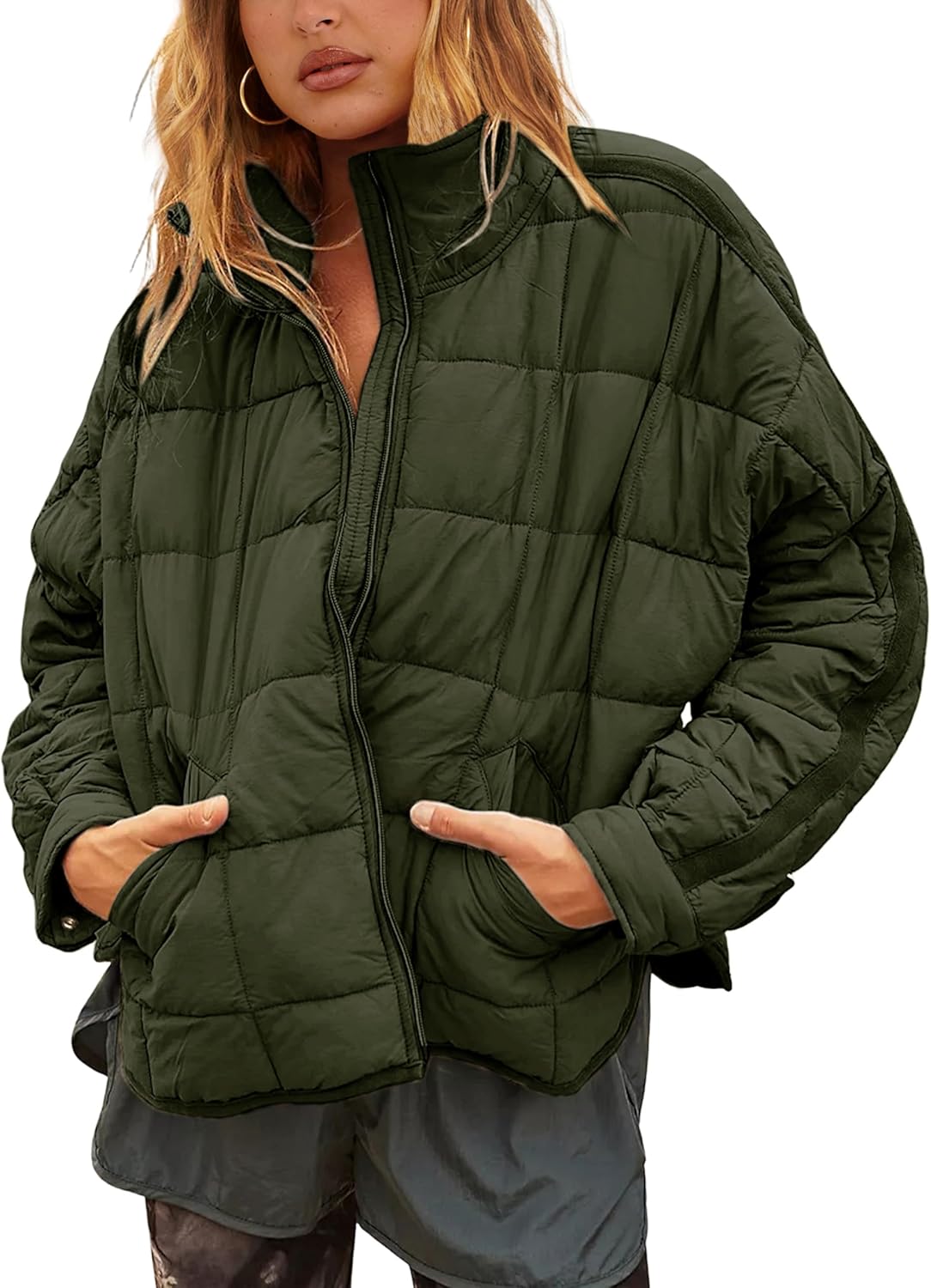 Bianstore Women's Oversized Quilted Splice Lightweight Puffer Jacket Casual Padded Coat