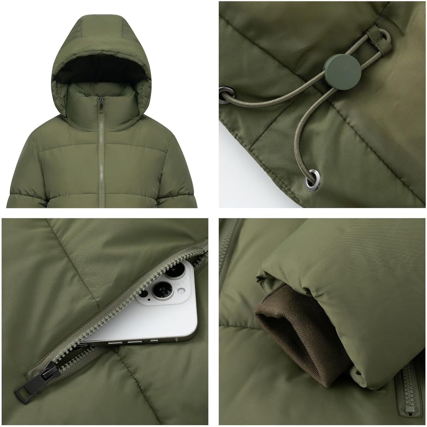 Women's Cropped Quilted Puffer Jacket with Removable Hood and Zippered Pockets Short Winter Coat