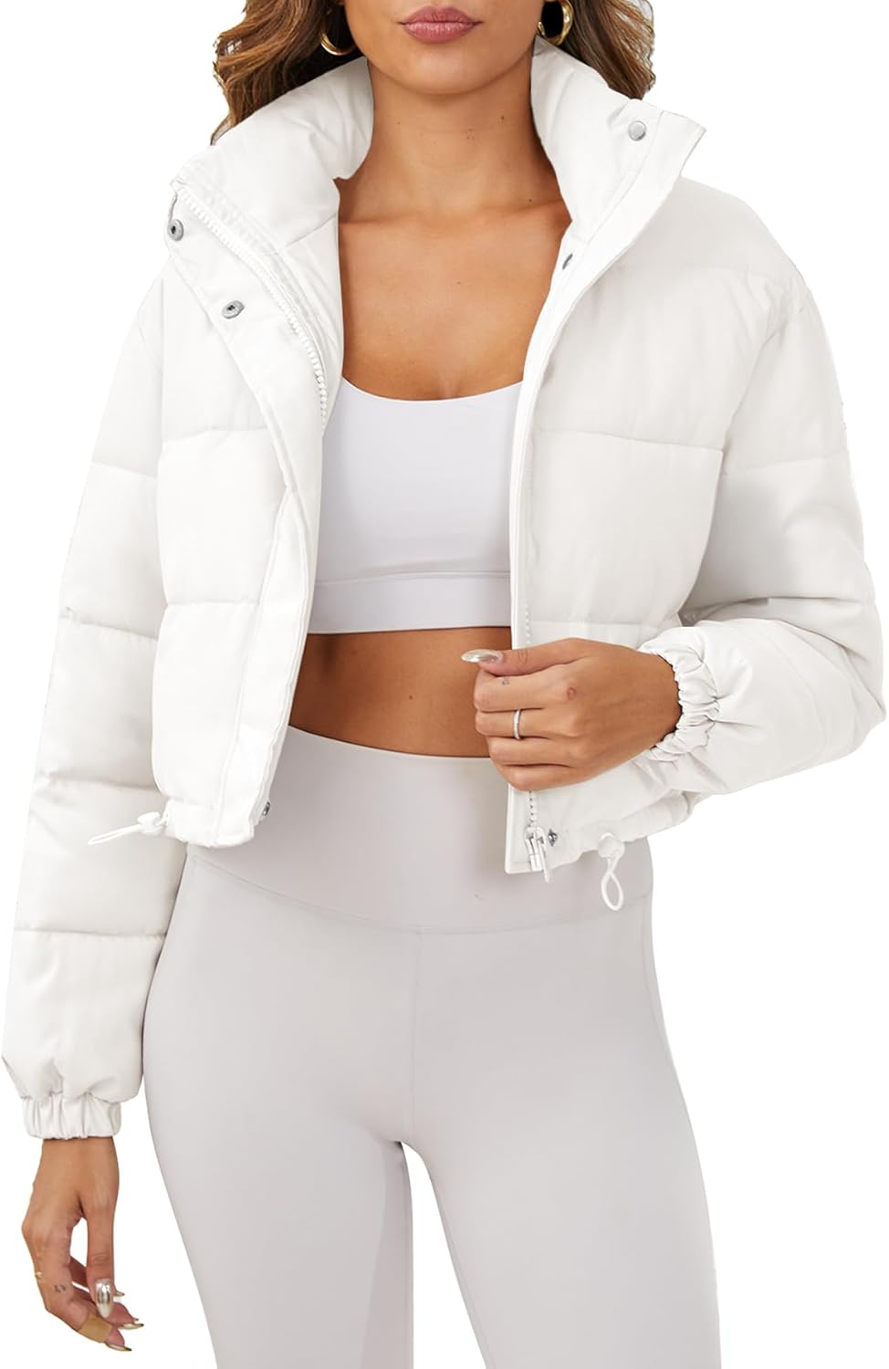 Women's Cropped Quilted Puffer Jacket Long Sleeve Stand Collar Zip-Up Puffy Coat with Drawstring & Pockets
