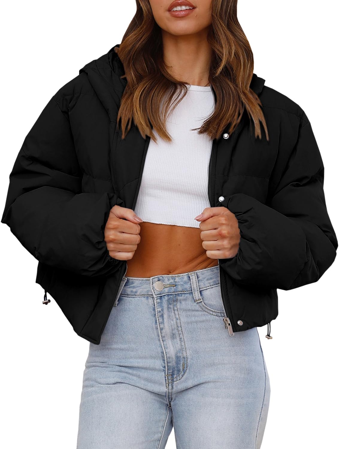 Tankaneo Women's Cropped Baggy Puffer Jacket Casual Winter Hoodie Short Coat with Pockets