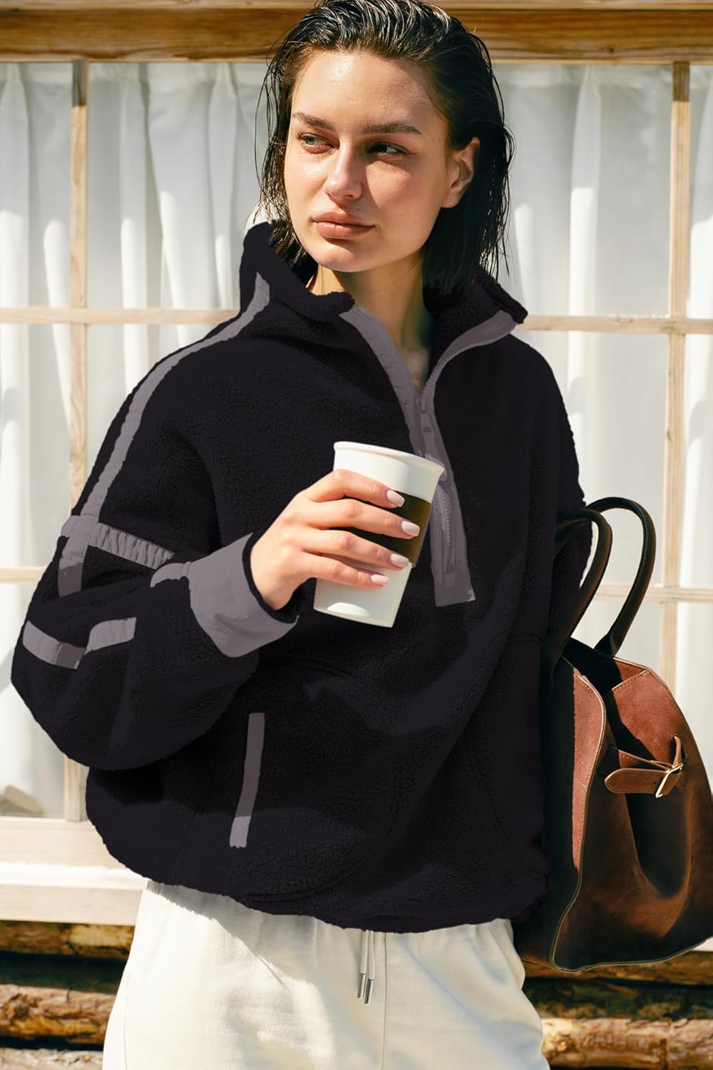 Panadila Women's Oversized Half Zip Sherpa Fleece Pullover Soft Fuzzy Sweatshirt with Pockets