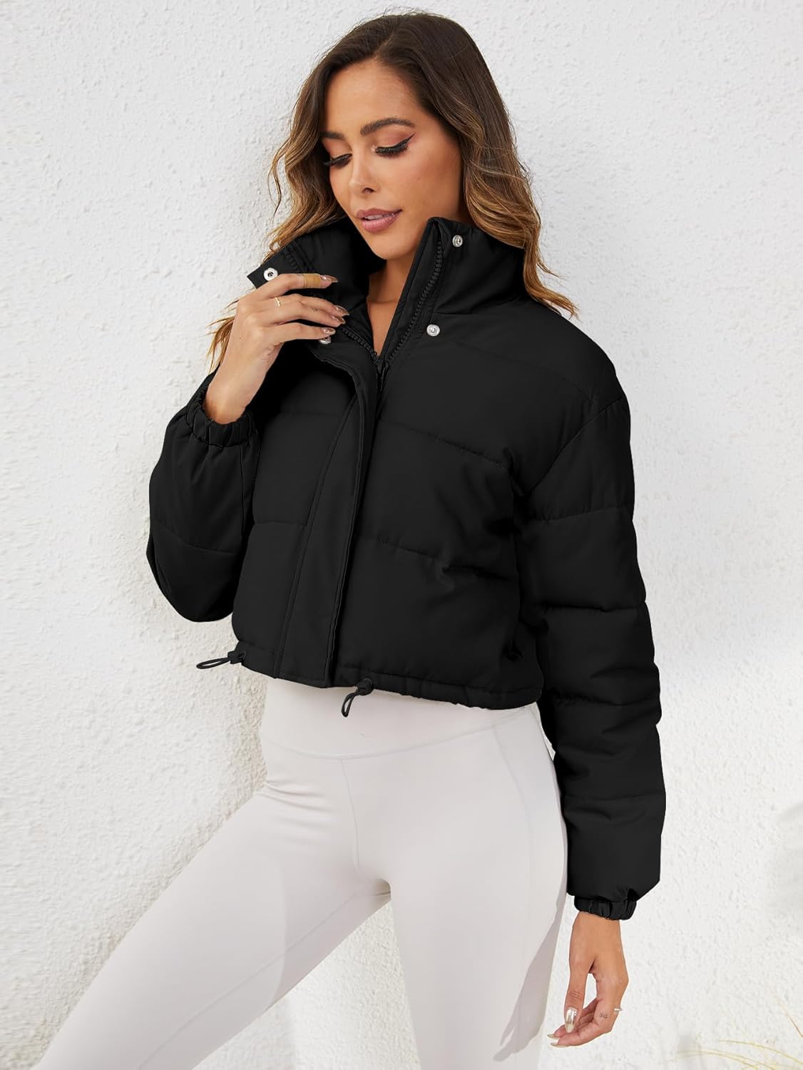 Women's Cropped Quilted Puffer Jacket Long Sleeve Stand Collar Zip-Up Puffy Coat with Drawstring & Pockets