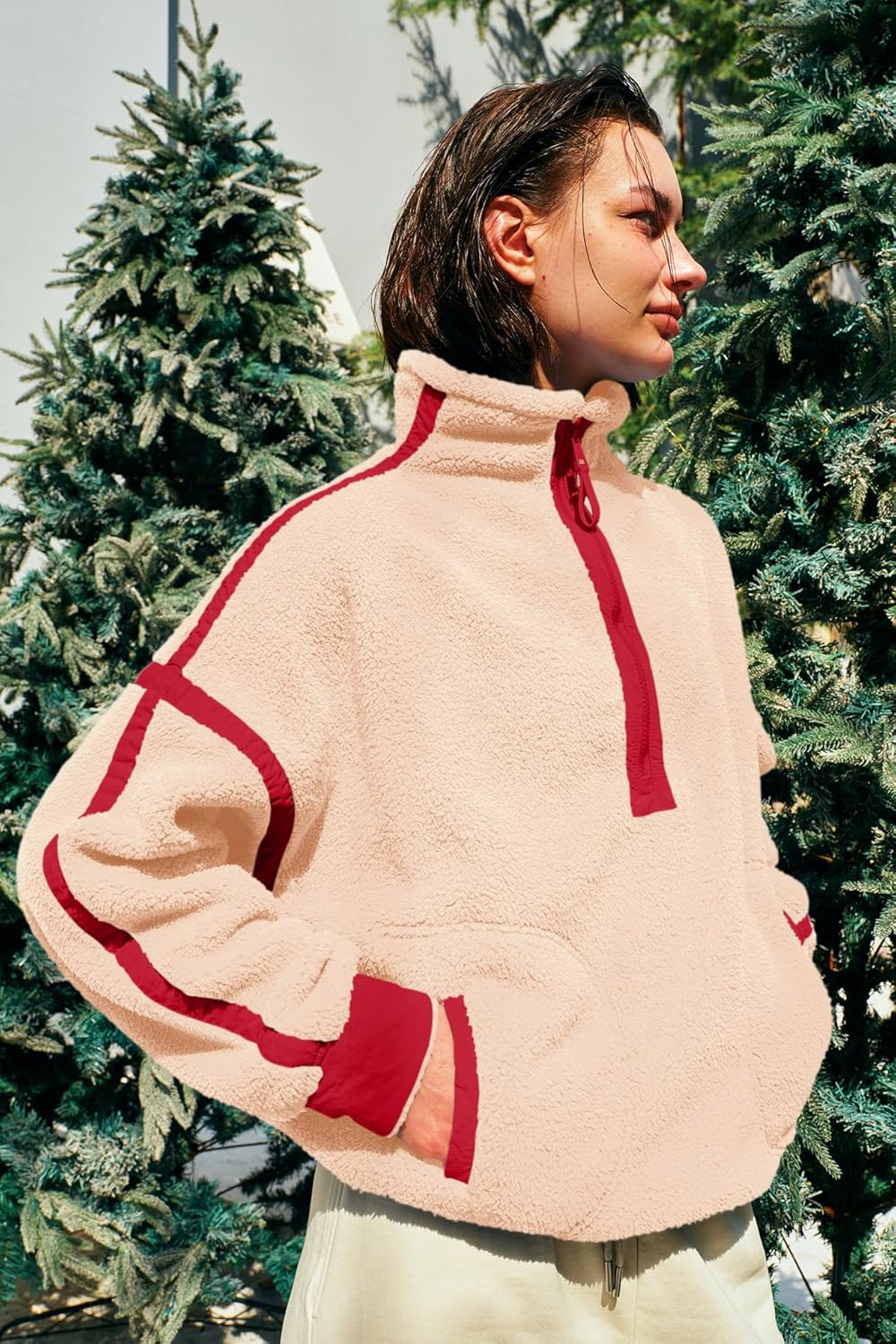 Panadila Women's Oversized Half Zip Sherpa Fleece Pullover Soft Fuzzy Sweatshirt with Pockets