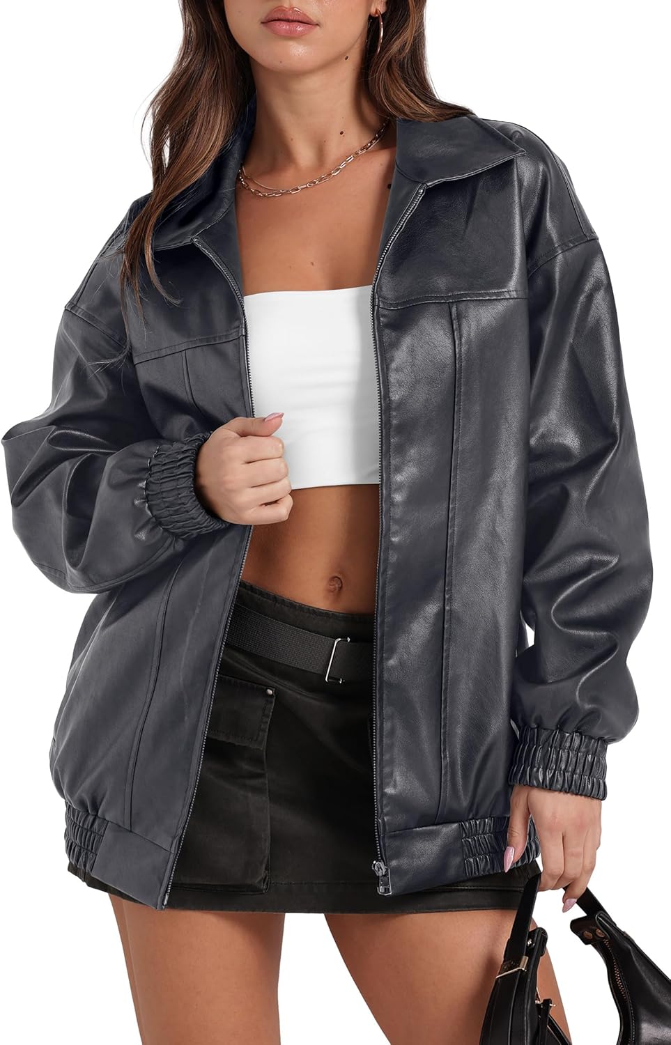 Sampeel Women's Faux Leather Oversized Motorcycle Jacket 2025 Fall Fashion Bomber Coat Winter Outfit