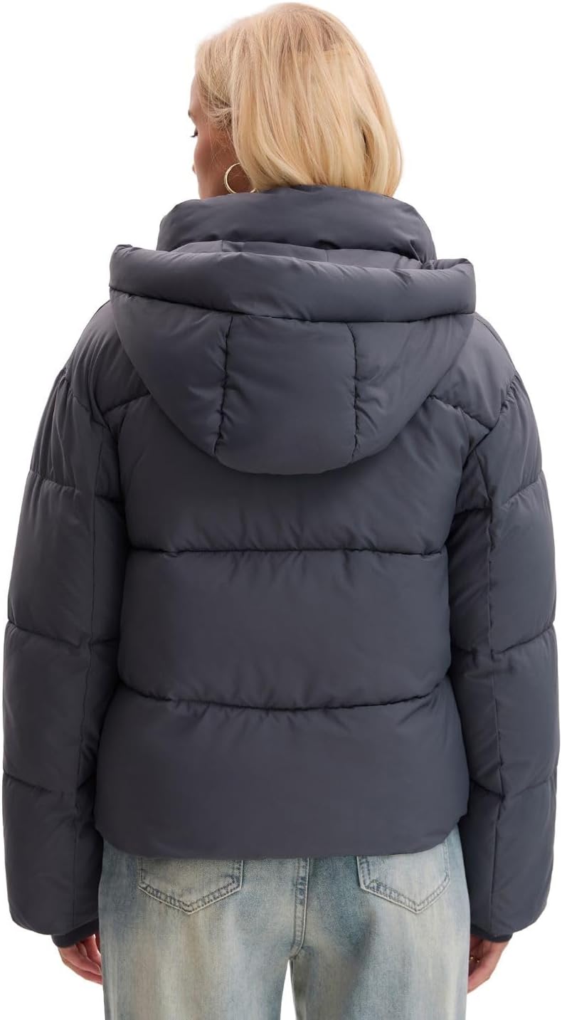 Women's Cropped Quilted Puffer Jacket with Removable Hood and Zippered Pockets Short Winter Coat