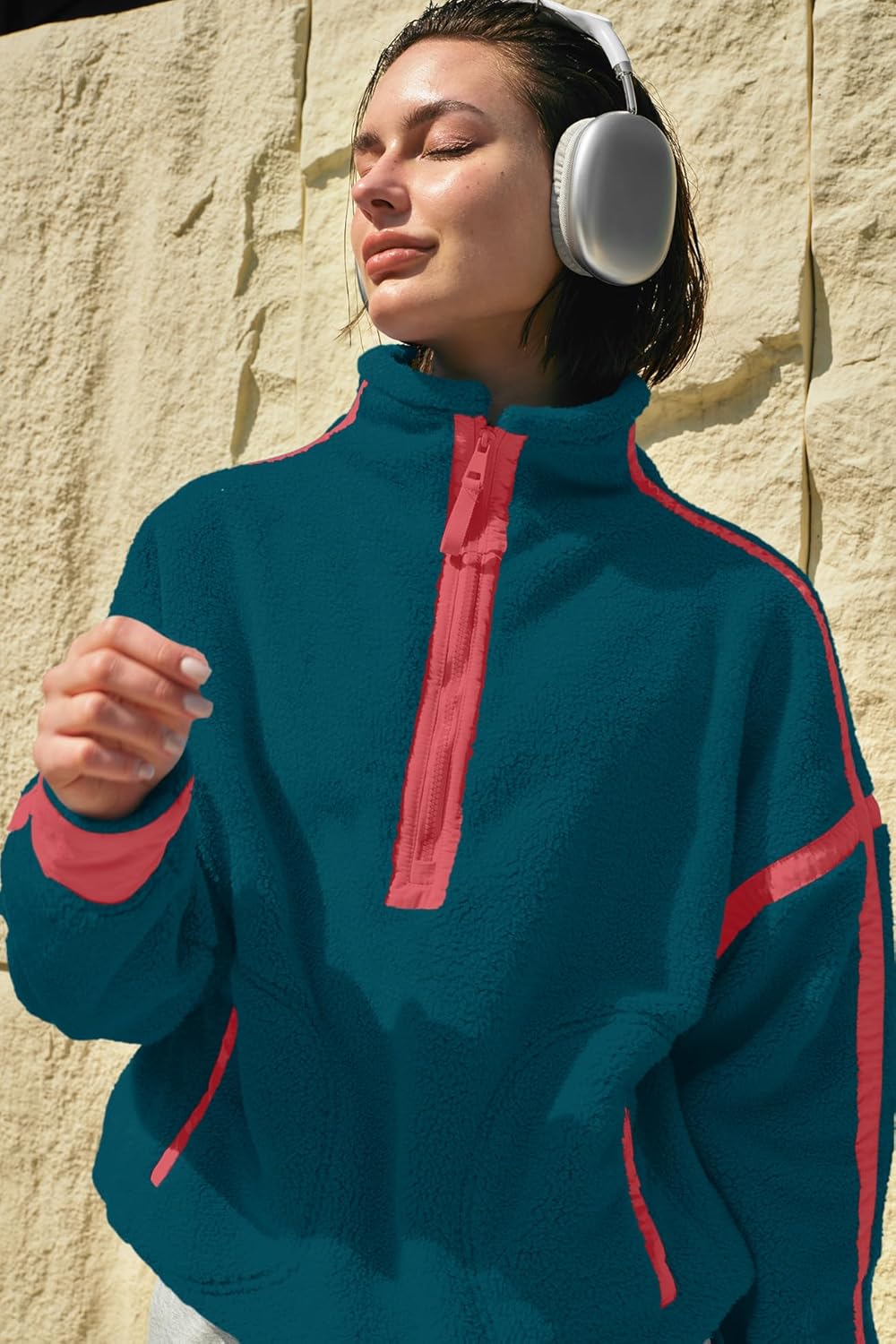 Panadila Women's Oversized Half Zip Sherpa Fleece Pullover Soft Fuzzy Sweatshirt with Pockets