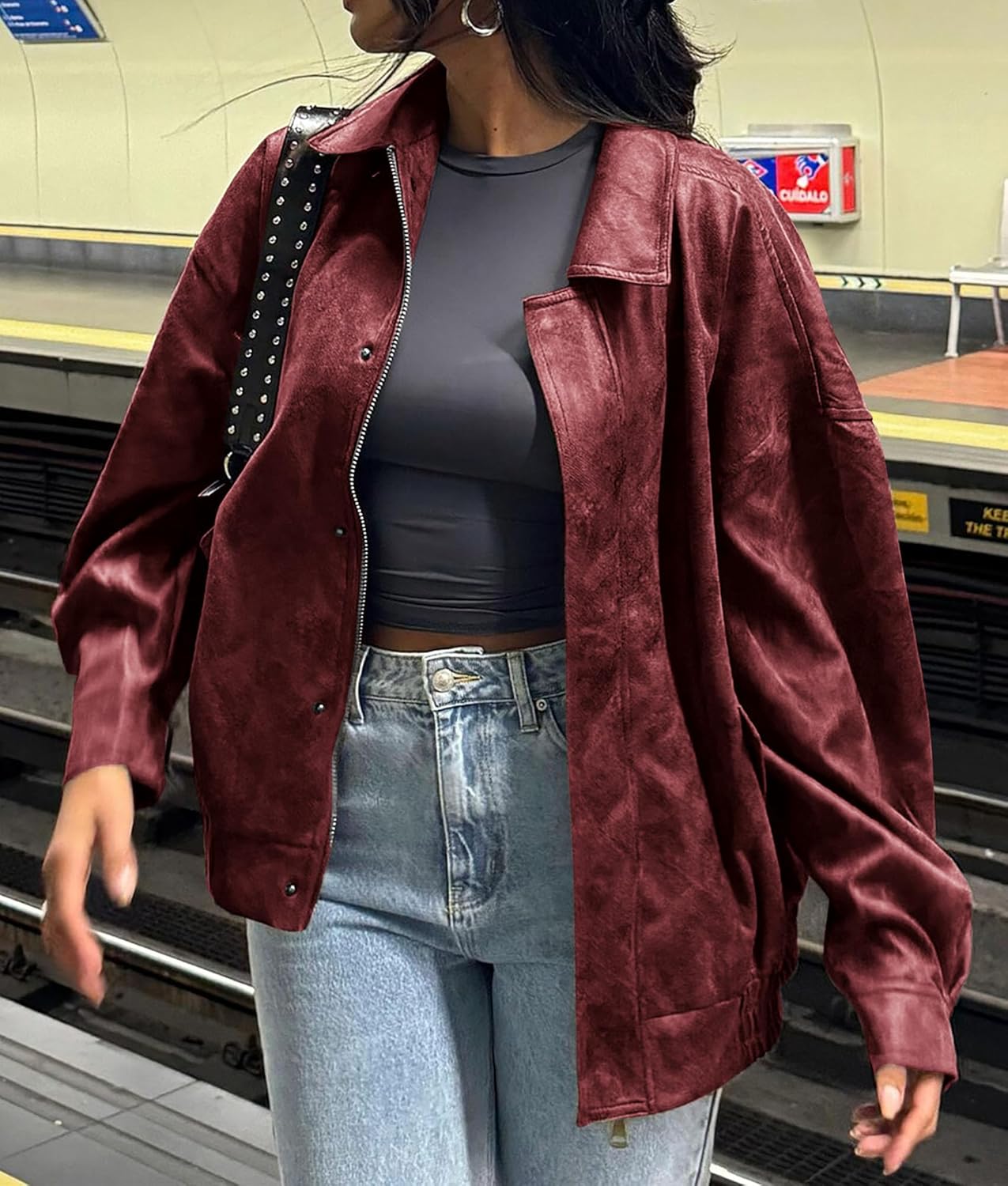 PRETTYGARDEN Women's Oversized Faux Leather Motorcycle Jacket Zip-Up Fall Spring Winter Coat Outerwear