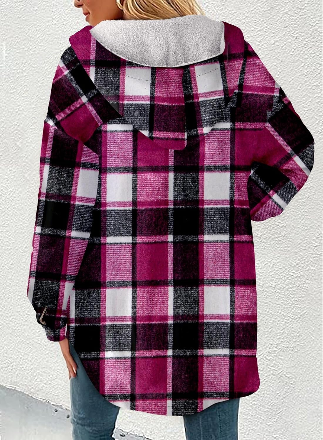 Dokotoo Women's 2025 Flannel Plaid Hooded Shacket Thick Fleece Button Down Winter Jacket Coat for Warmth