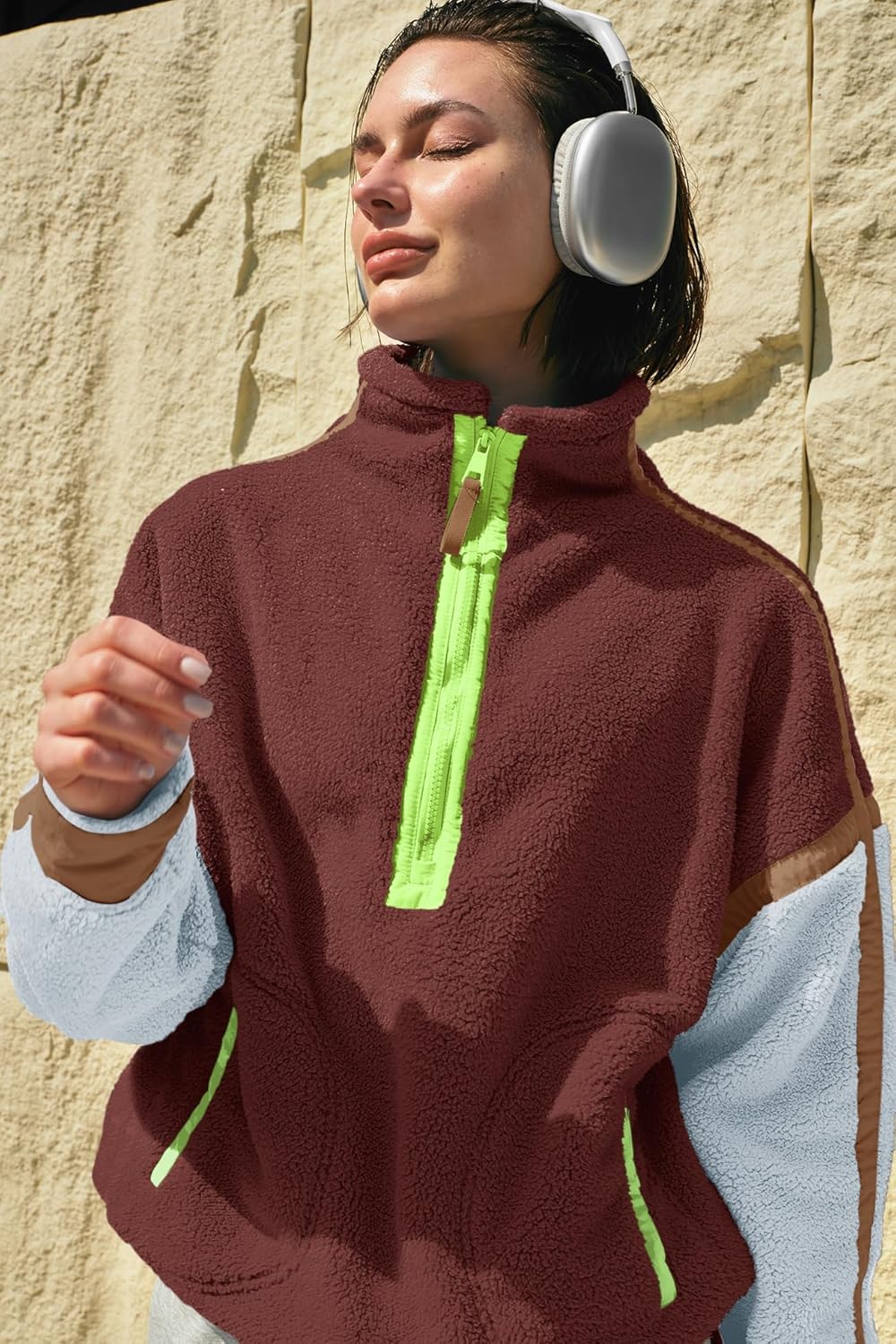 Panadila Women's Oversized Half Zip Sherpa Fleece Pullover Soft Fuzzy Sweatshirt with Pockets