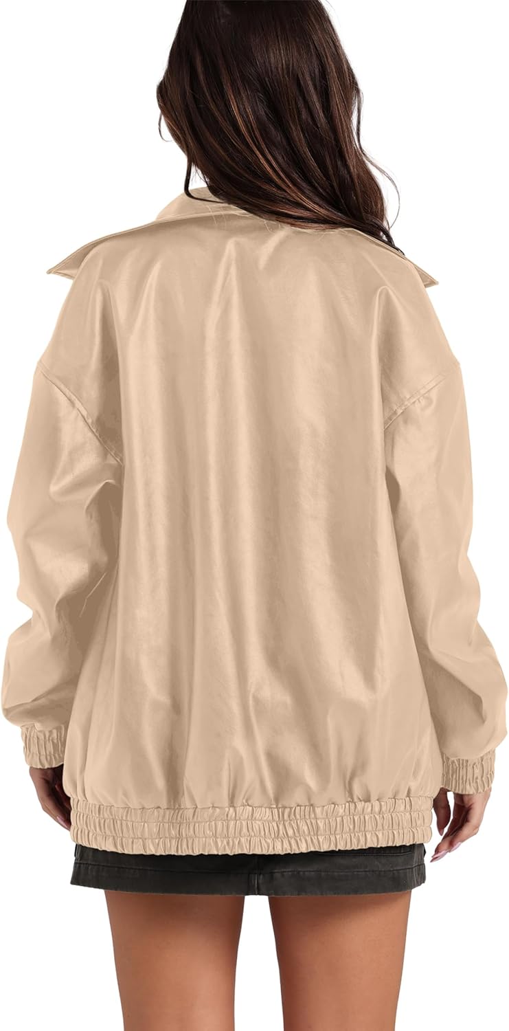 Sampeel Women's Faux Leather Oversized Motorcycle Jacket 2025 Fall Fashion Bomber Coat Winter Outfit