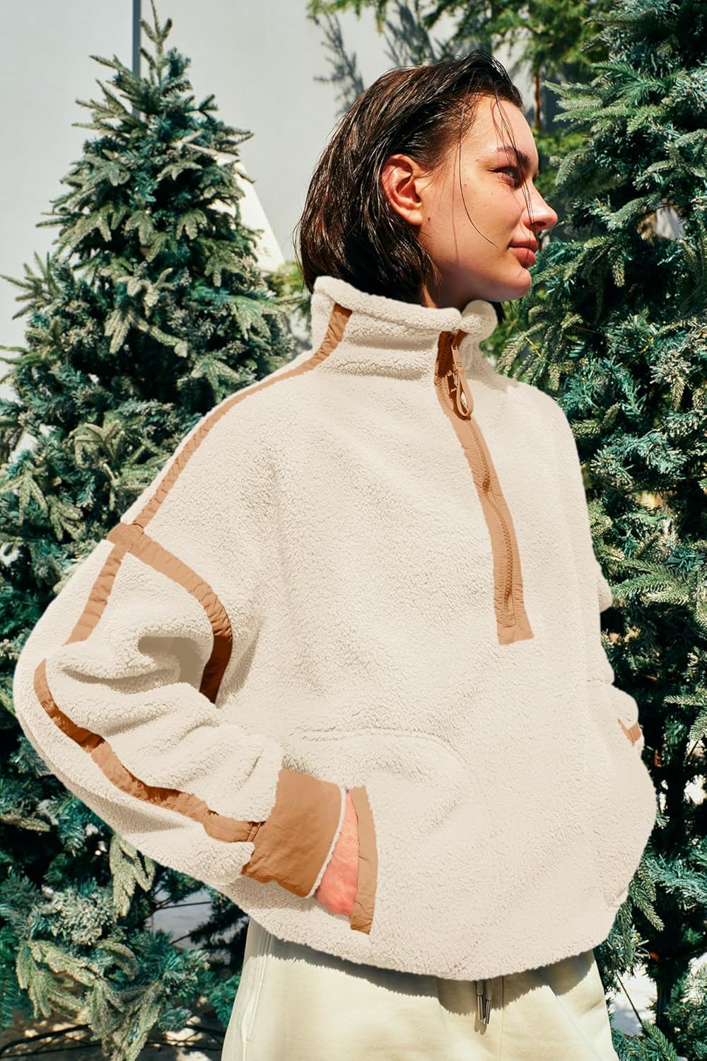 Panadila Women's Oversized Half Zip Sherpa Fleece Pullover Soft Fuzzy Sweatshirt with Pockets