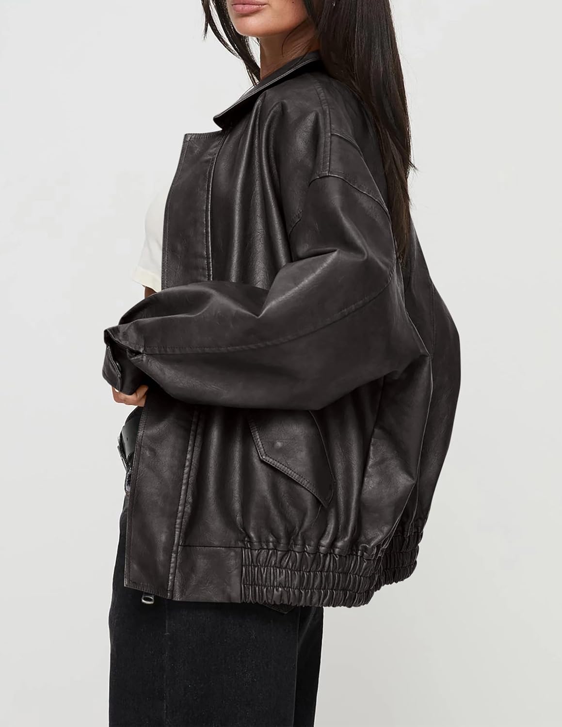 PRETTYGARDEN Women's Oversized Faux Leather Motorcycle Jacket Zip-Up Fall Spring Winter Coat Outerwear