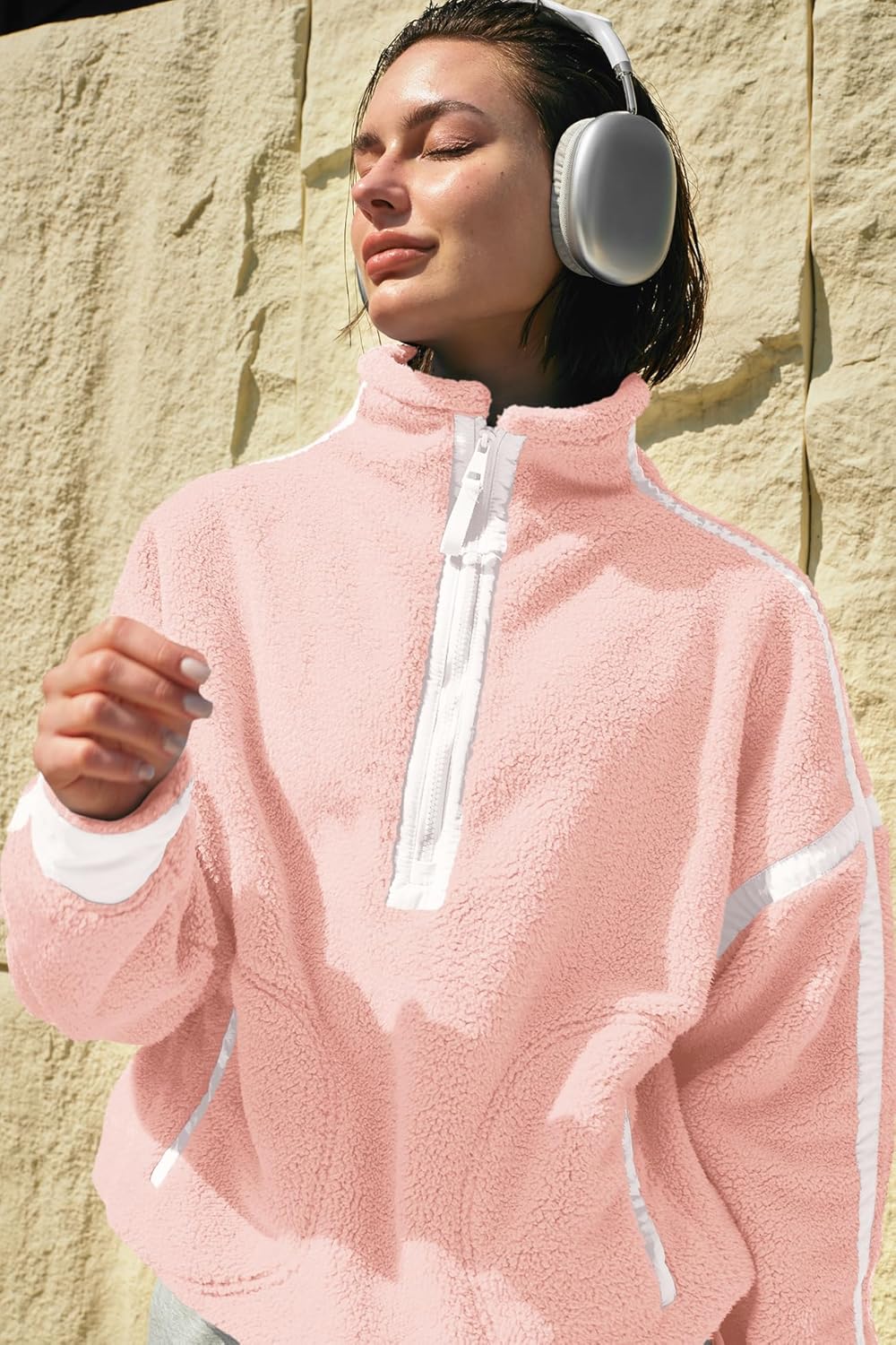 Panadila Women's Oversized Half Zip Sherpa Fleece Pullover Soft Fuzzy Sweatshirt with Pockets