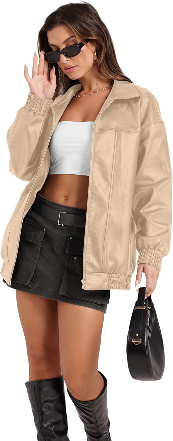 Sampeel Women's Faux Leather Oversized Motorcycle Jacket 2025 Fall Fashion Bomber Coat Winter Outfit