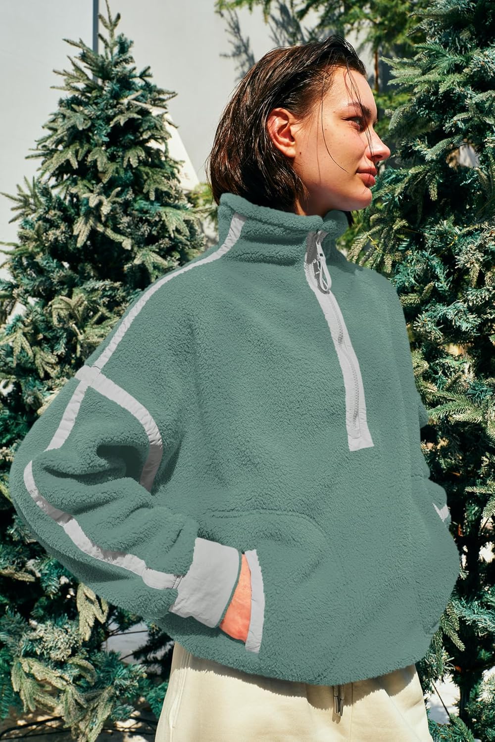 Panadila Women's Oversized Half Zip Sherpa Fleece Pullover Soft Fuzzy Sweatshirt with Pockets