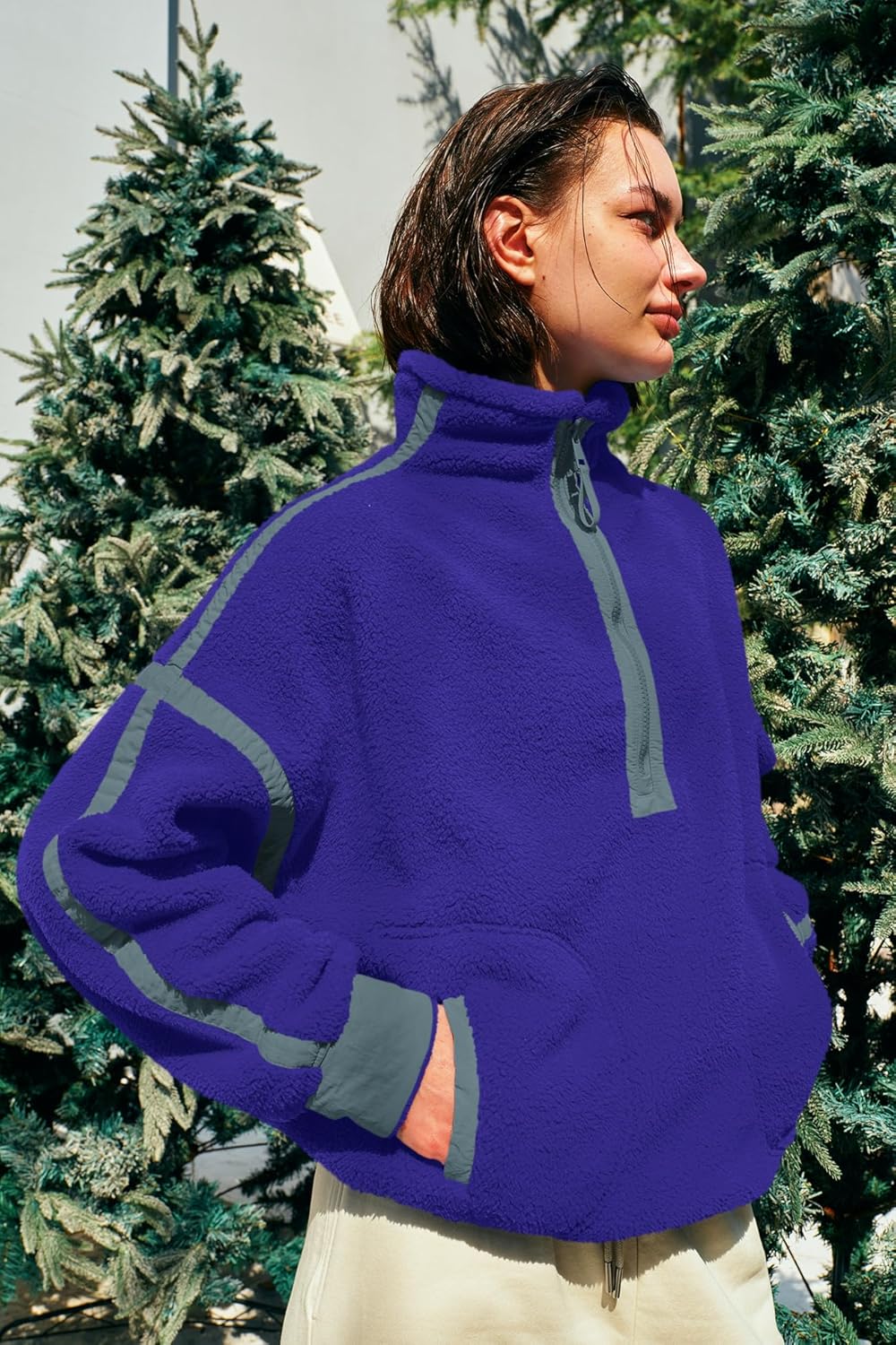 Panadila Women's Oversized Half Zip Sherpa Fleece Pullover Soft Fuzzy Sweatshirt with Pockets