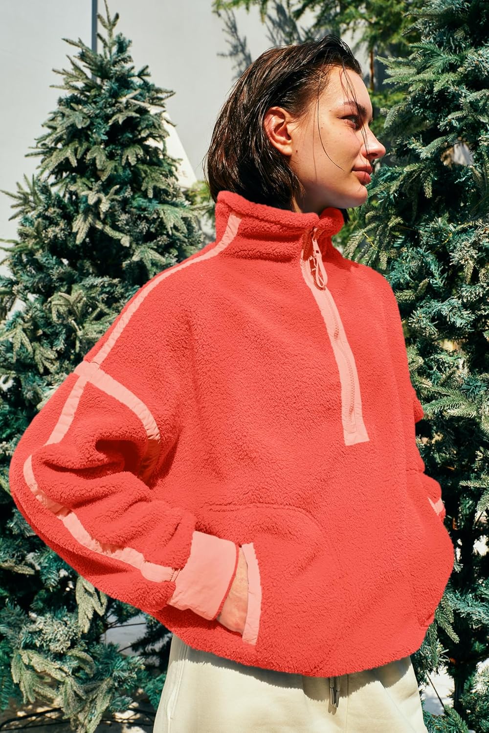 Panadila Women's Oversized Half Zip Sherpa Fleece Pullover Soft Fuzzy Sweatshirt with Pockets