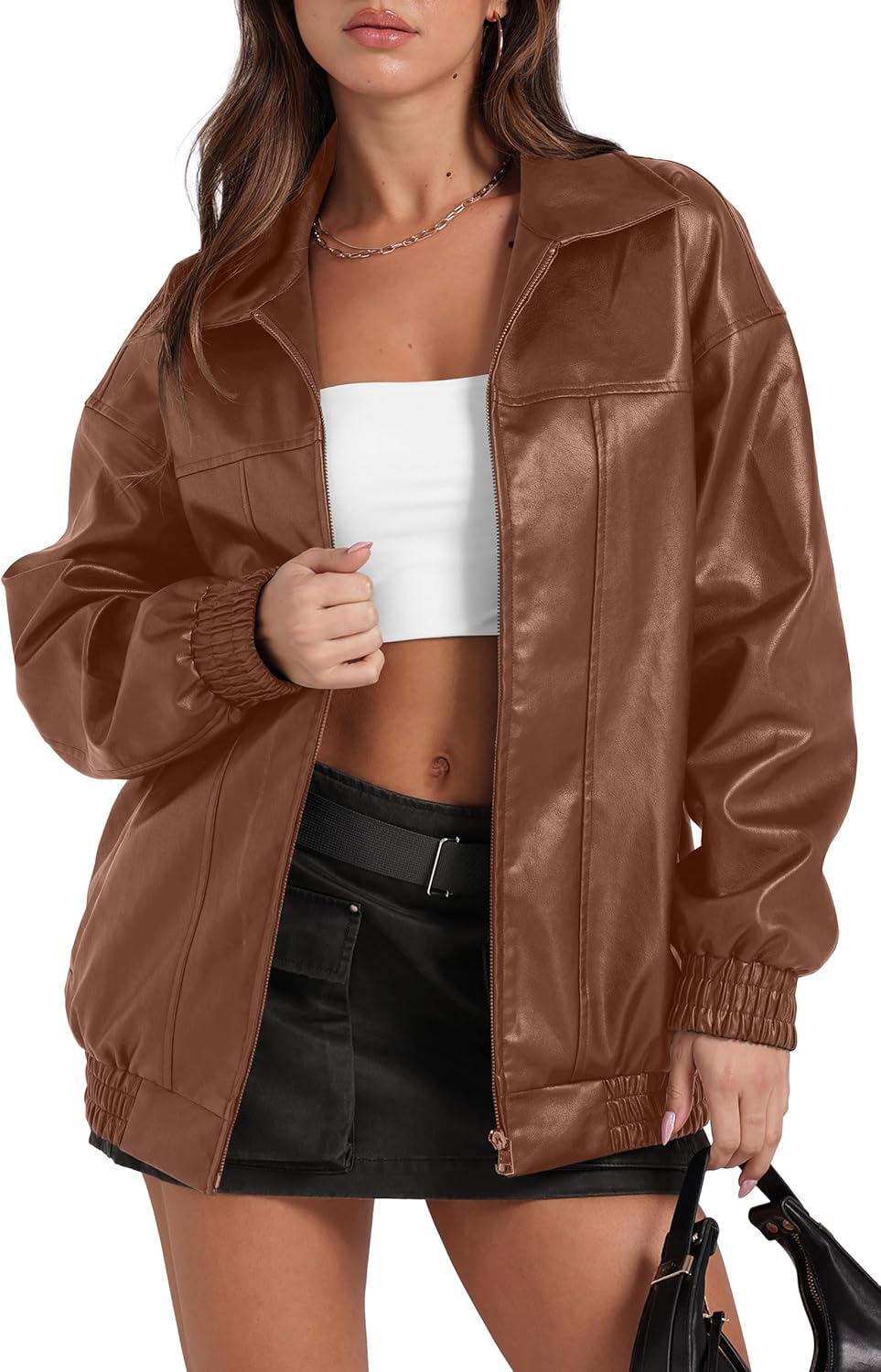 Sampeel Women's Faux Leather Oversized Motorcycle Jacket 2025 Fall Fashion Bomber Coat Winter Outfit