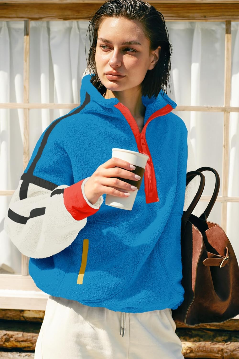 Panadila Women's Oversized Half Zip Sherpa Fleece Pullover Soft Fuzzy Sweatshirt with Pockets