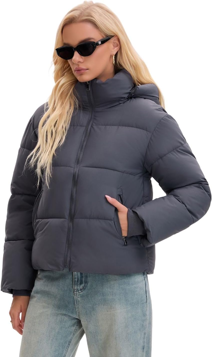 Women's Cropped Quilted Puffer Jacket with Removable Hood and Zippered Pockets Short Winter Coat