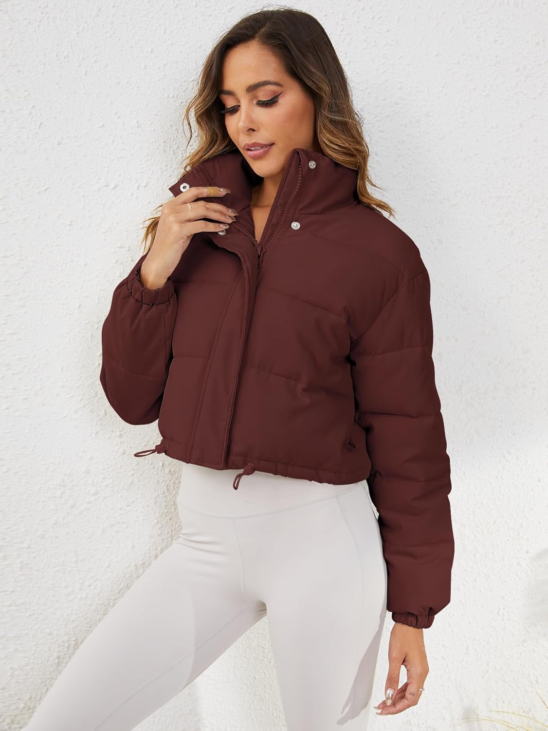 Women's Cropped Quilted Puffer Jacket Long Sleeve Stand Collar Zip-Up Puffy Coat with Drawstring & Pockets