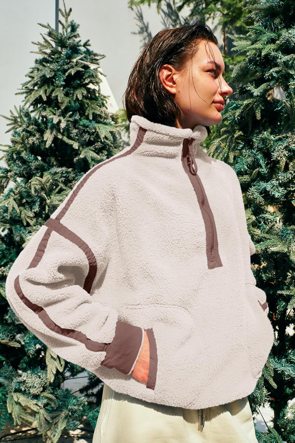 Panadila Women's Oversized Half Zip Sherpa Fleece Pullover Soft Fuzzy Sweatshirt with Pockets