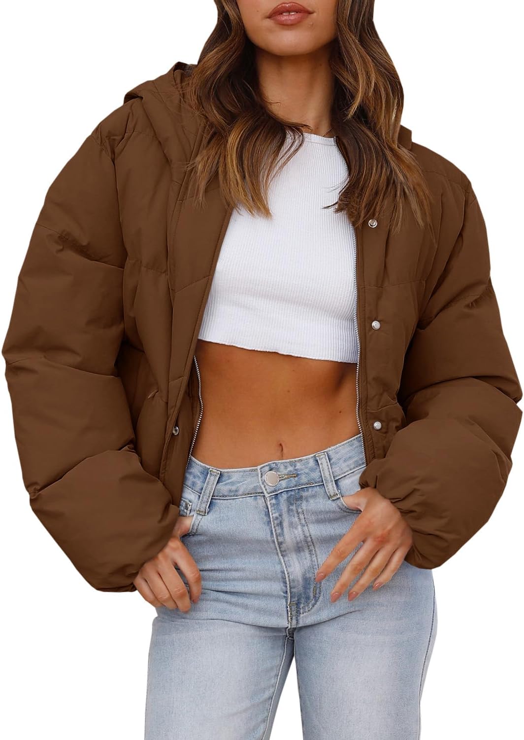 Tankaneo Women's Cropped Baggy Puffer Jacket Casual Winter Hoodie Short Coat with Pockets