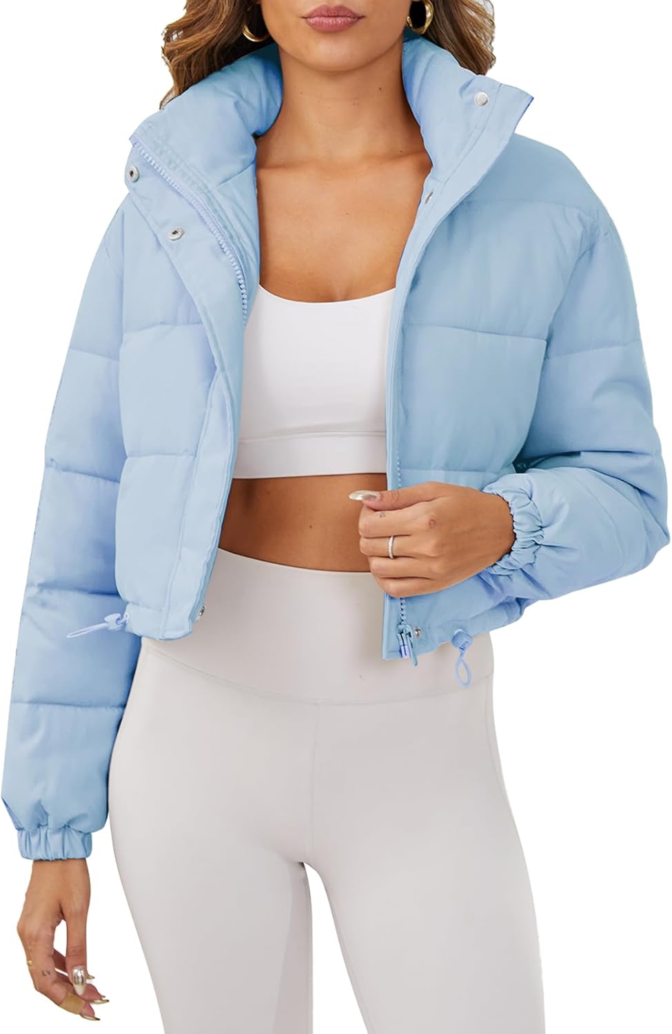Women's Cropped Quilted Puffer Jacket Long Sleeve Stand Collar Zip-Up Puffy Coat with Drawstring & Pockets