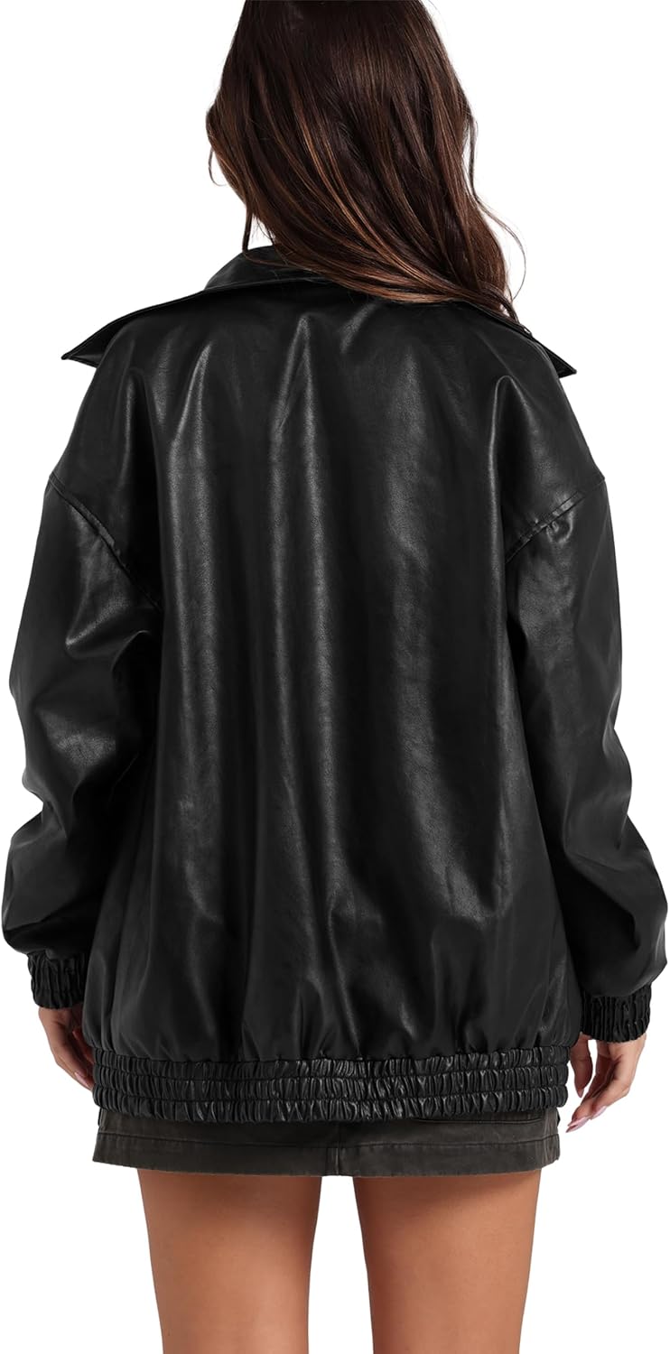Sampeel Women's Faux Leather Oversized Motorcycle Jacket 2025 Fall Fashion Bomber Coat Winter Outfit