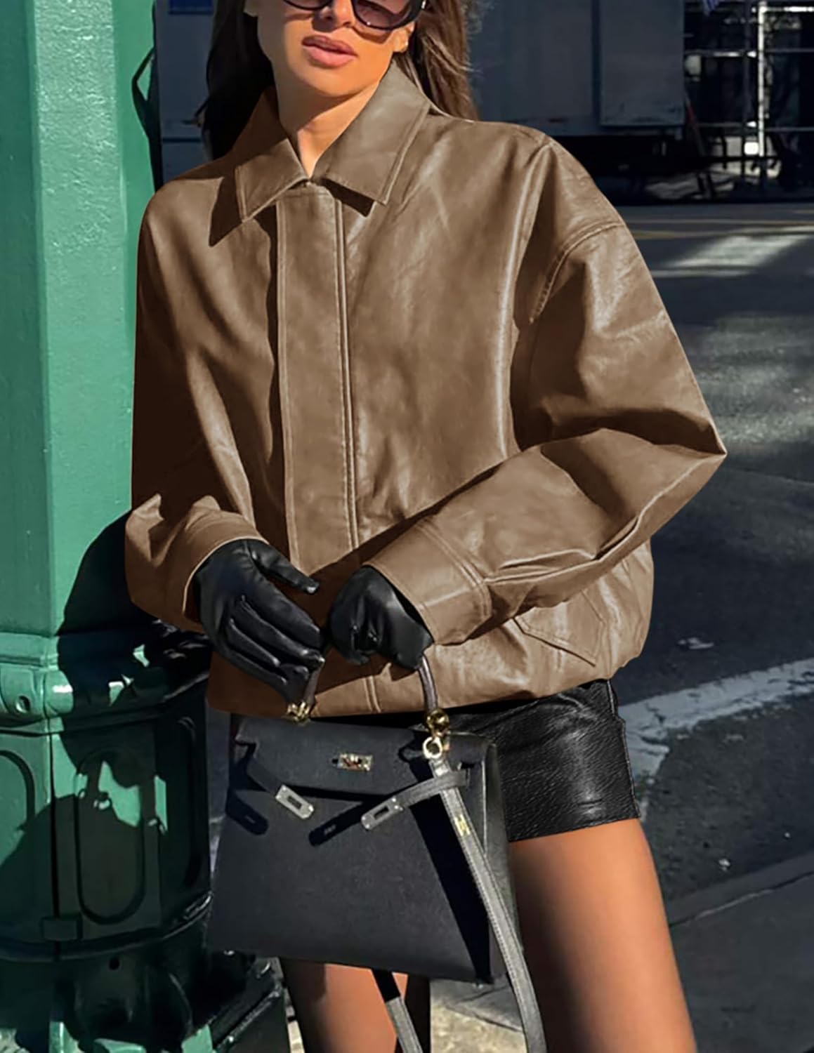 PRETTYGARDEN Women's Oversized Faux Leather Motorcycle Jacket Zip-Up Fall Spring Winter Coat Outerwear