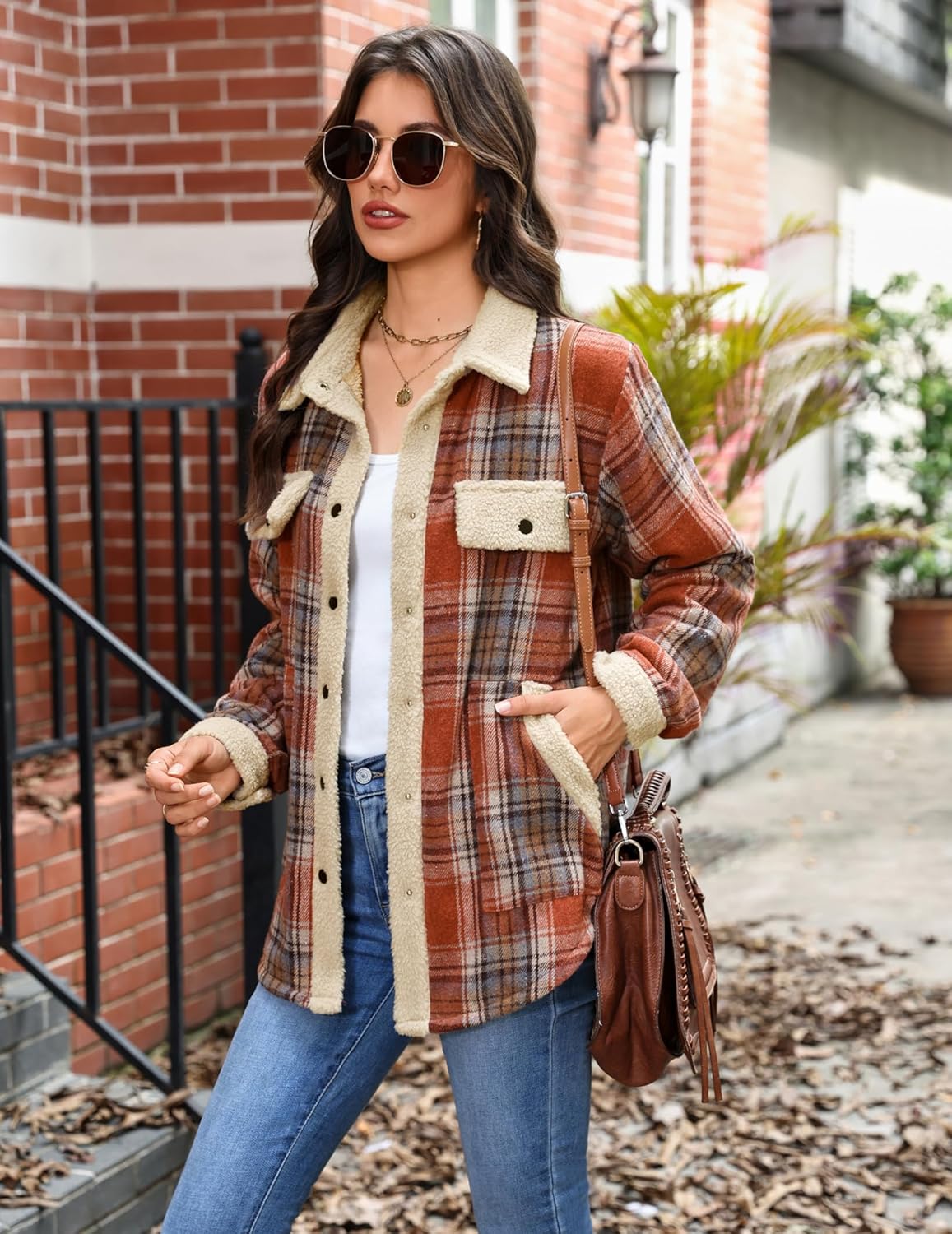 Zeagoo Women's Plaid Flannel Sherpa Lined Shacket Fleece Button Down Cozy Warm Fall Winter Jacket Coat S-XXL