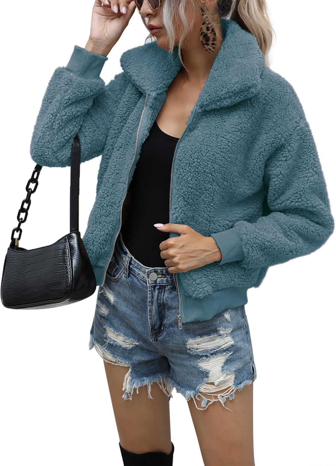 AKEWEI Women's Short Faux Fur Zip-Up Jacket Warm Shaggy Fluffy Winter Coat with Pockets