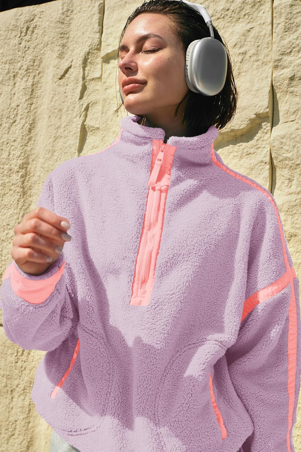 Panadila Women's Oversized Half Zip Sherpa Fleece Pullover Soft Fuzzy Sweatshirt with Pockets