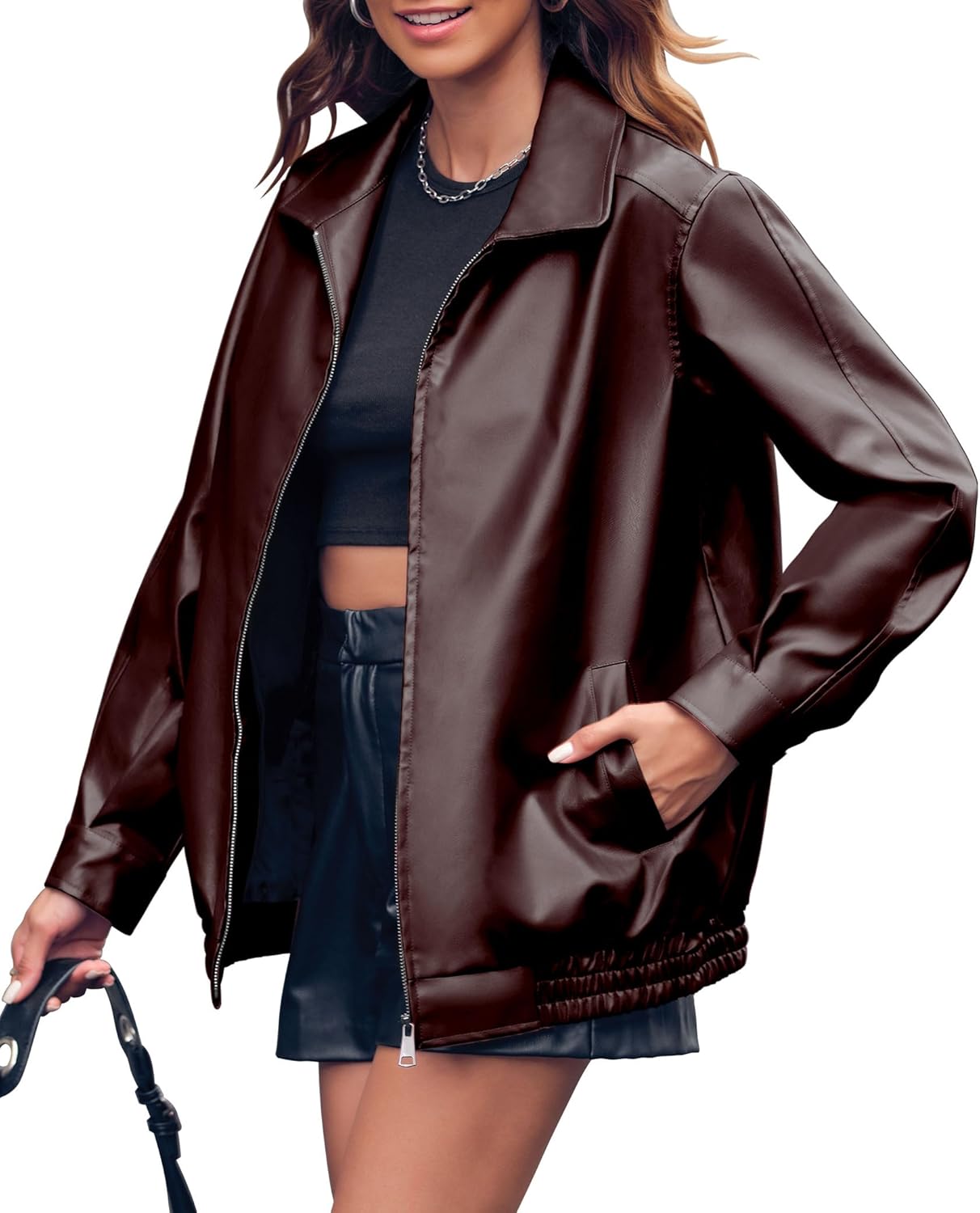 Miladusa Women's Oversized Faux Leather Zip-Up Bomber Motorcycle Jacket with Pockets