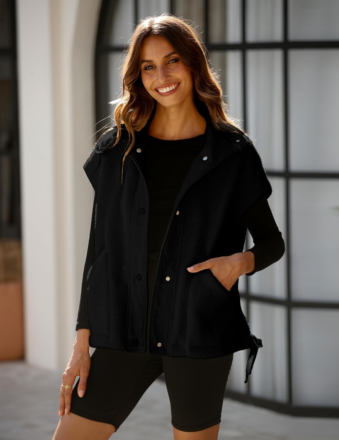 OPCAKM Women's Oversized Fuzzy Fleece Sherpa Vest Button Down Sleeveless Jacket with Pockets